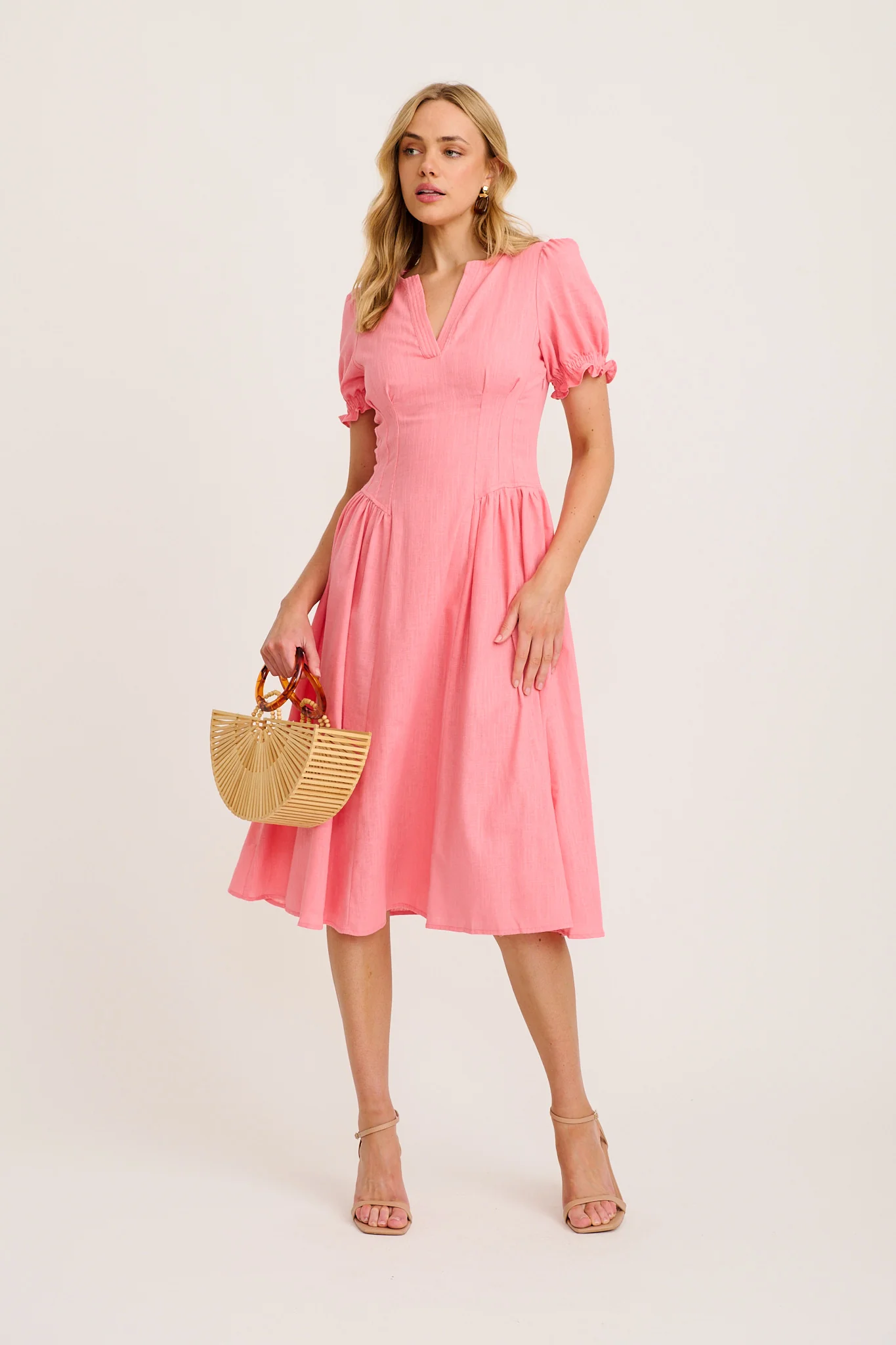 Maureen Midi Dress in Pink Cotton Linen