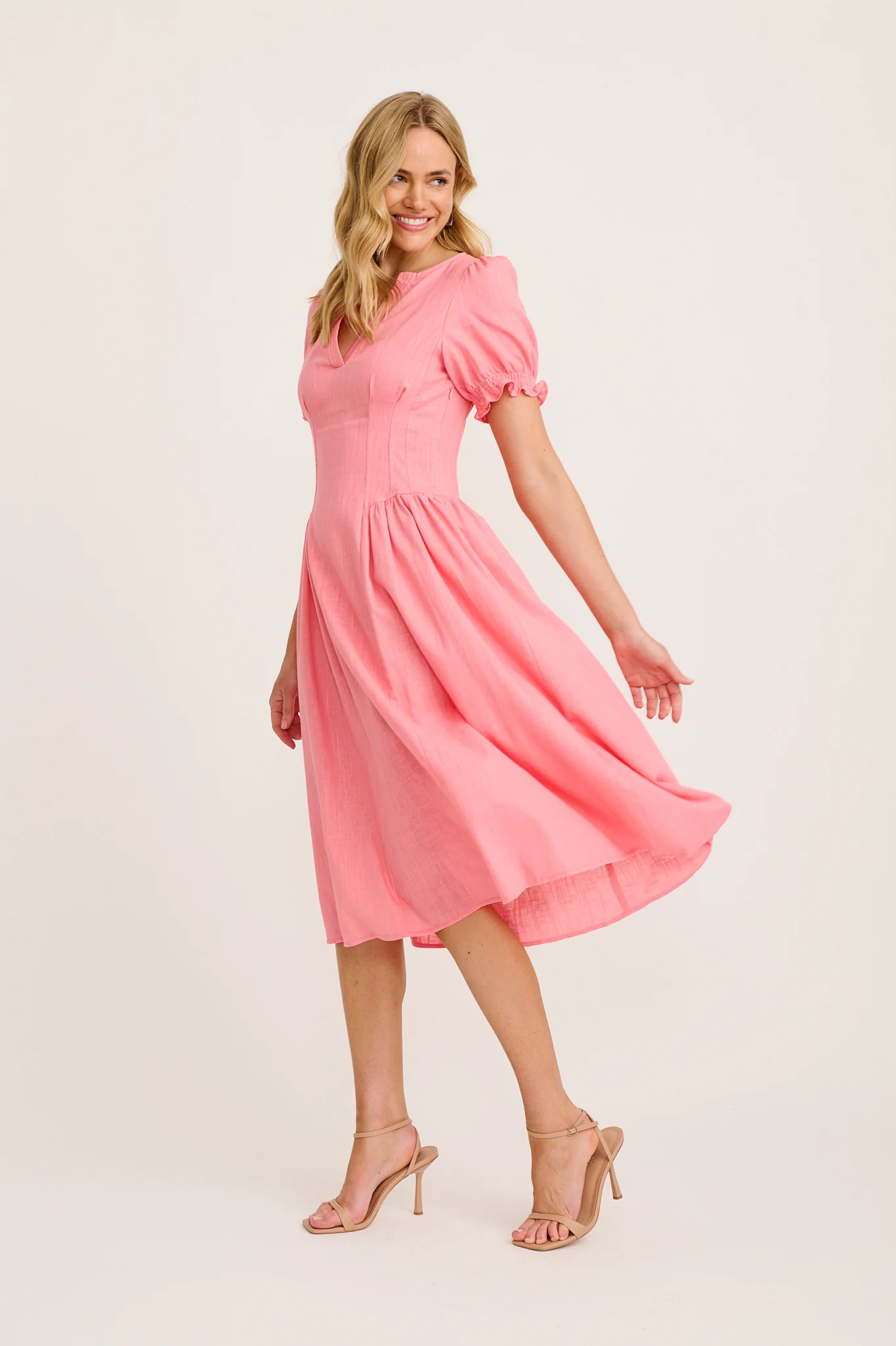 Maureen Midi Dress in Pink Cotton Linen - Image 3