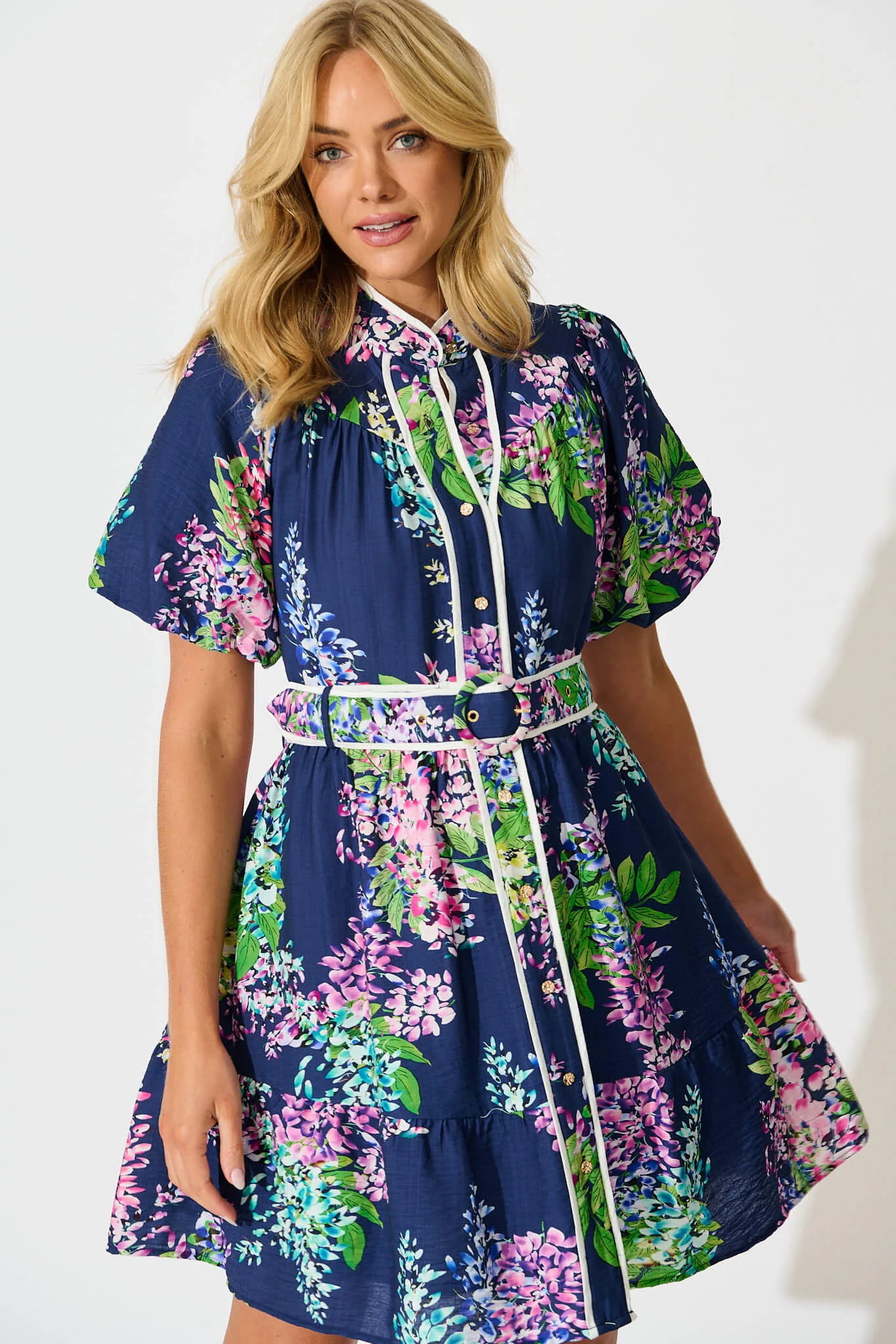 Maybelle Shirt Dress in Navy Wisteria Print with Piping Trim - Image 2