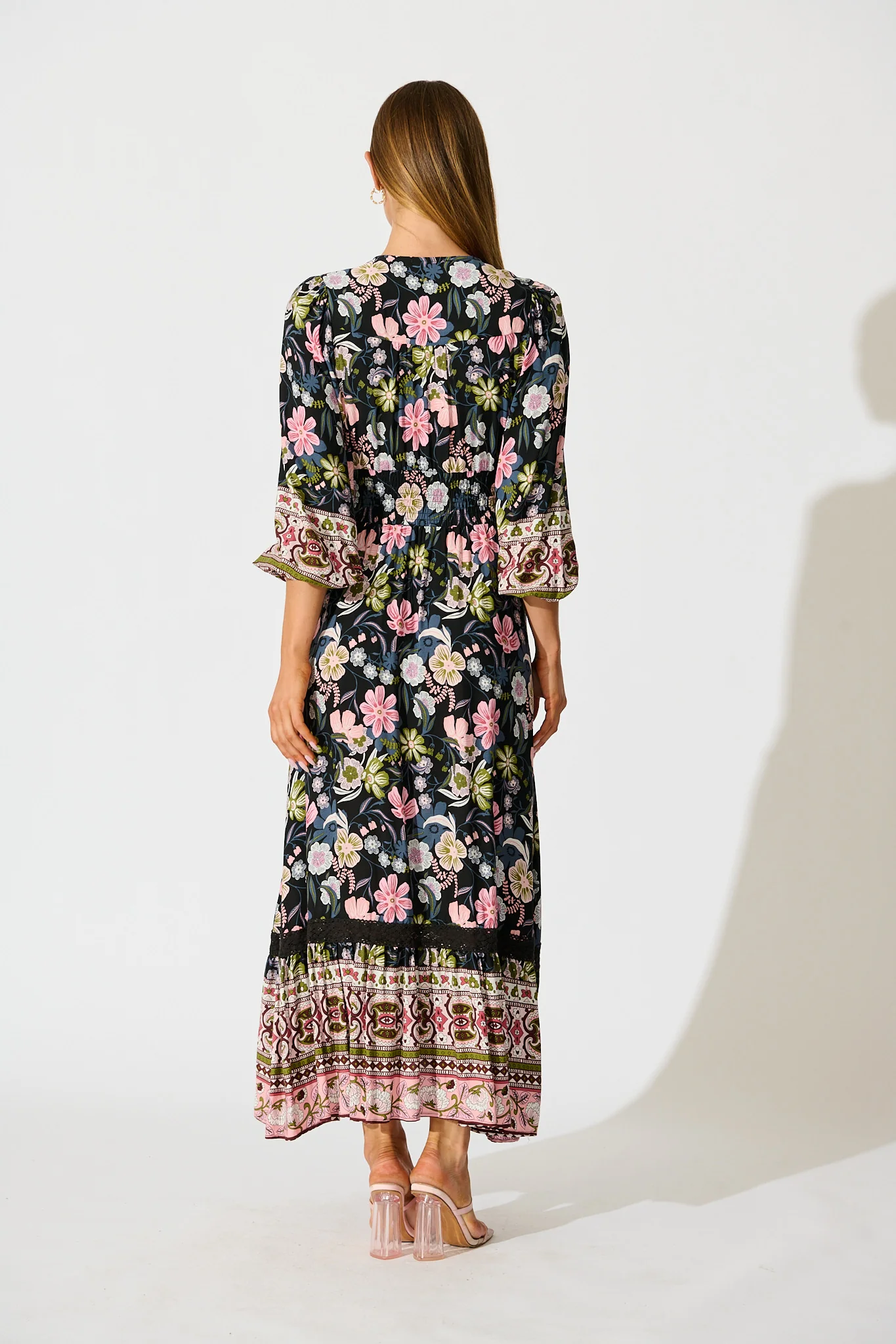 Mayda Maxi Dress in Black with Pink Boho Floral - Image 4