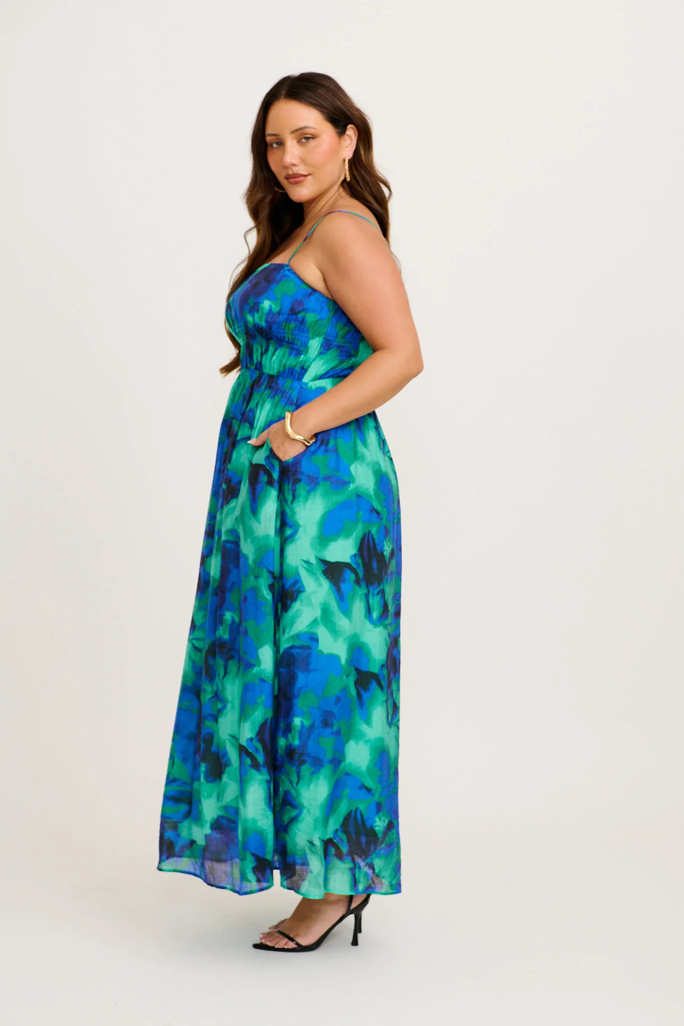Meadow Sung Maxi Sundress in Blue and Green Watercolour Print - Image 8