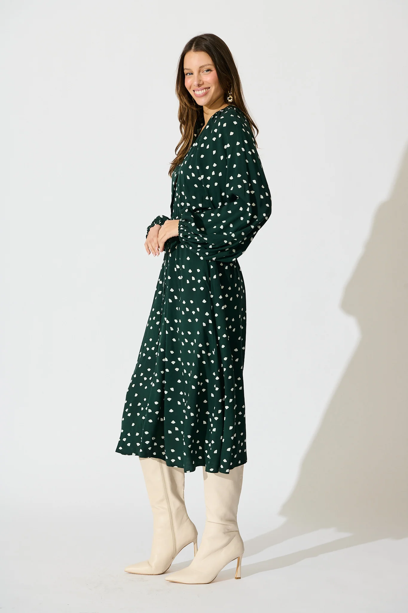 Meadowfall Midi Shirt Dress in Emerald with White Speckle - Image 3