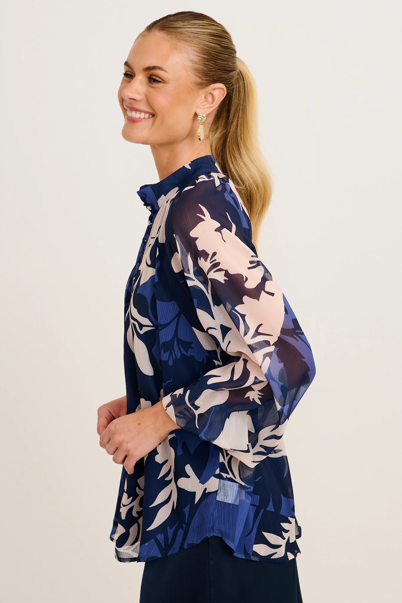 Melina Top in Navy and Blue Floral Chiffon - Image 2