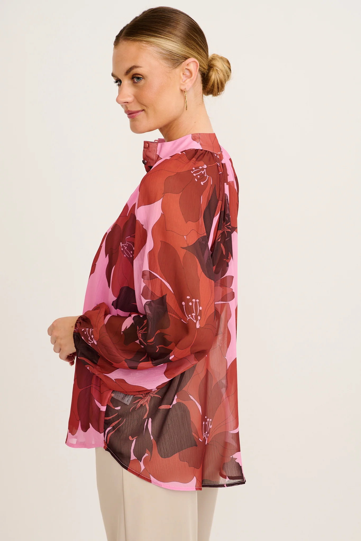 Melina Top in Pink and Red Floral Chiffon - Image 2