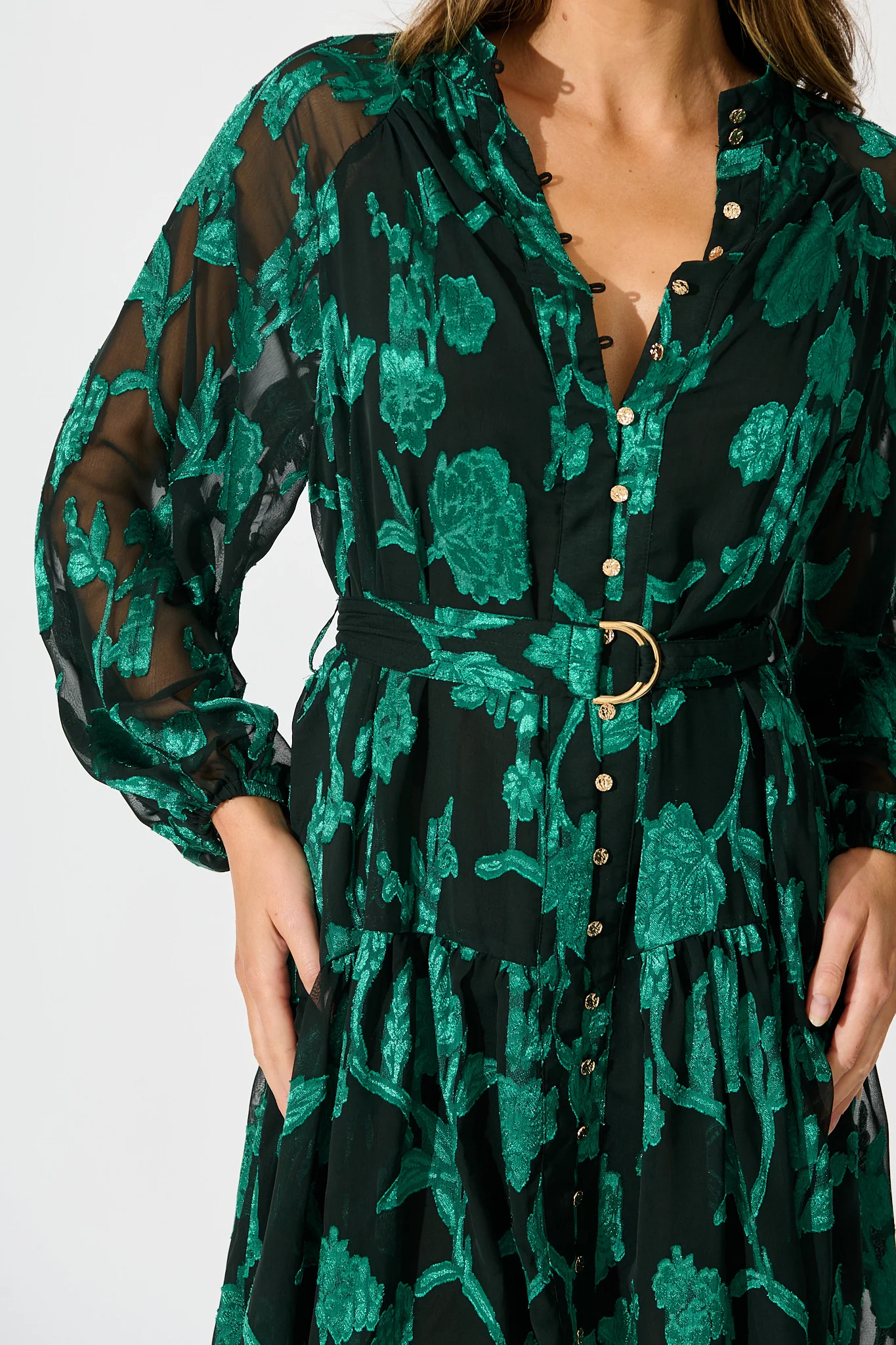 Melinda Dress in Black with Emerald Floral Burnout Chiffon - Image 5