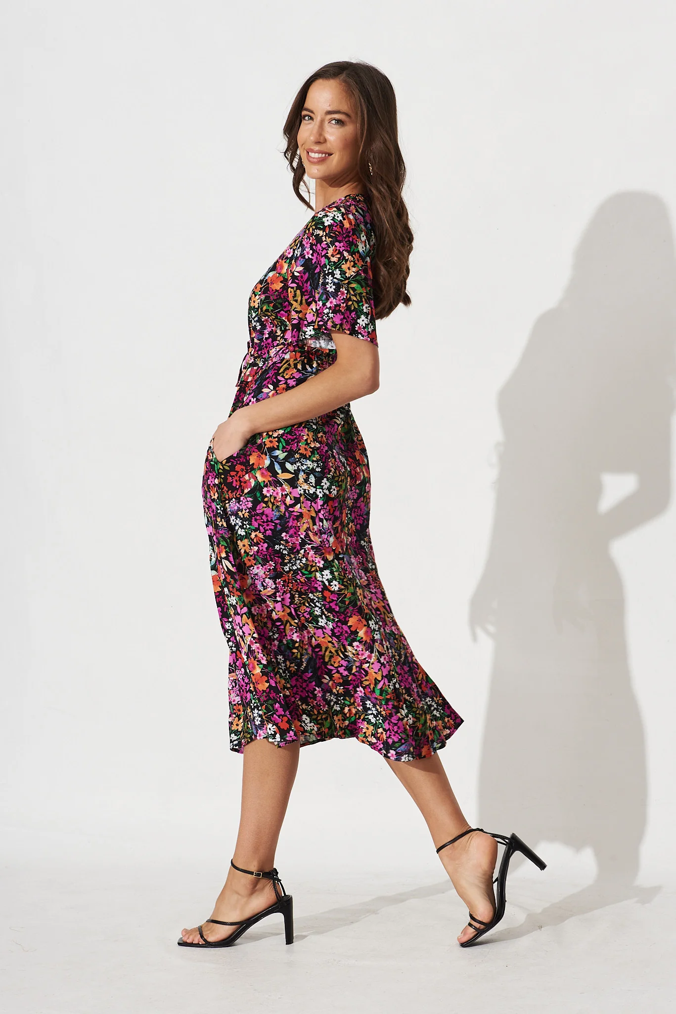 Melody Midi Dress In Black Multi Floral - Image 3