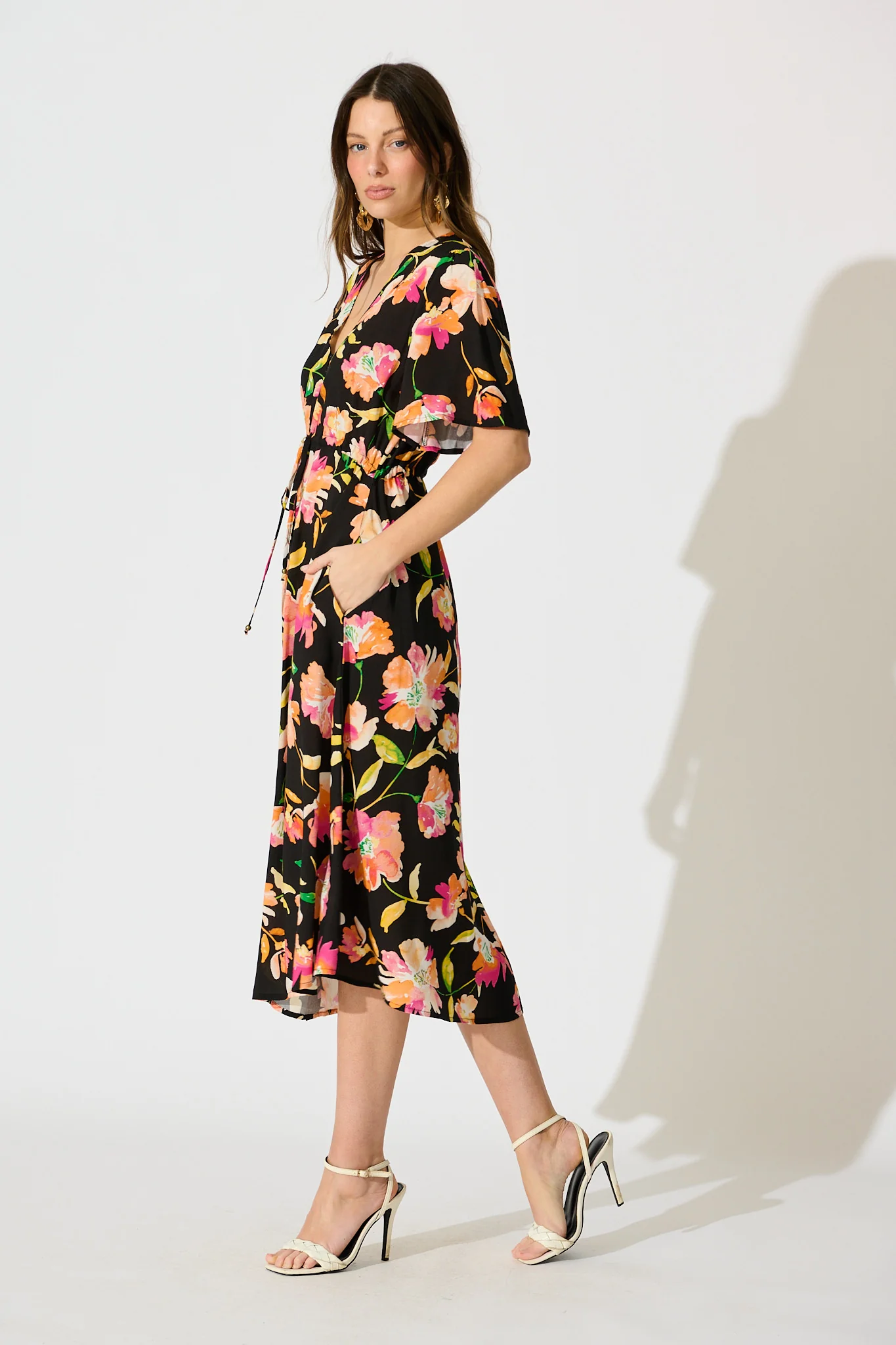 Melody Midi Dress in Black with Tangerine Floral - Image 3