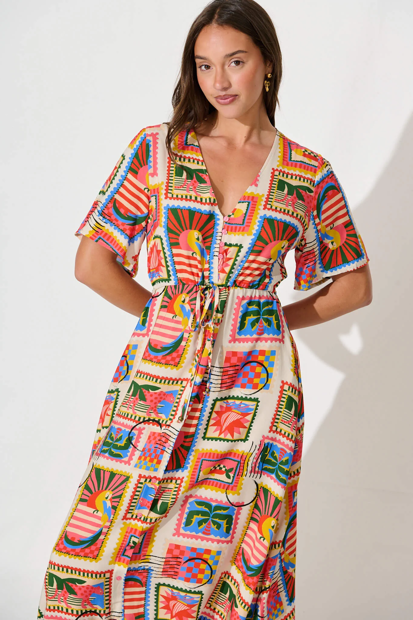 Melody Midi Dress In Bright Multi Postcard Print - Image 2