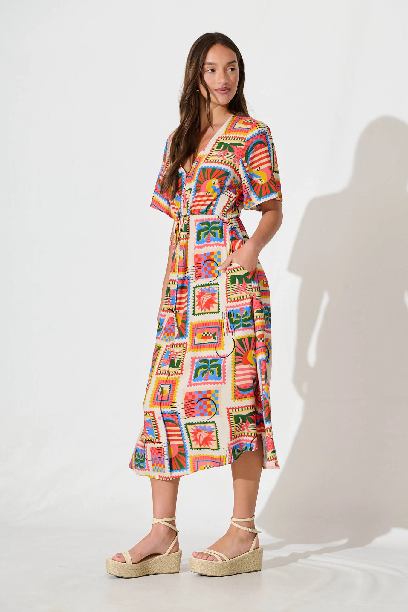 Melody Midi Dress In Bright Multi Postcard Print - Image 3