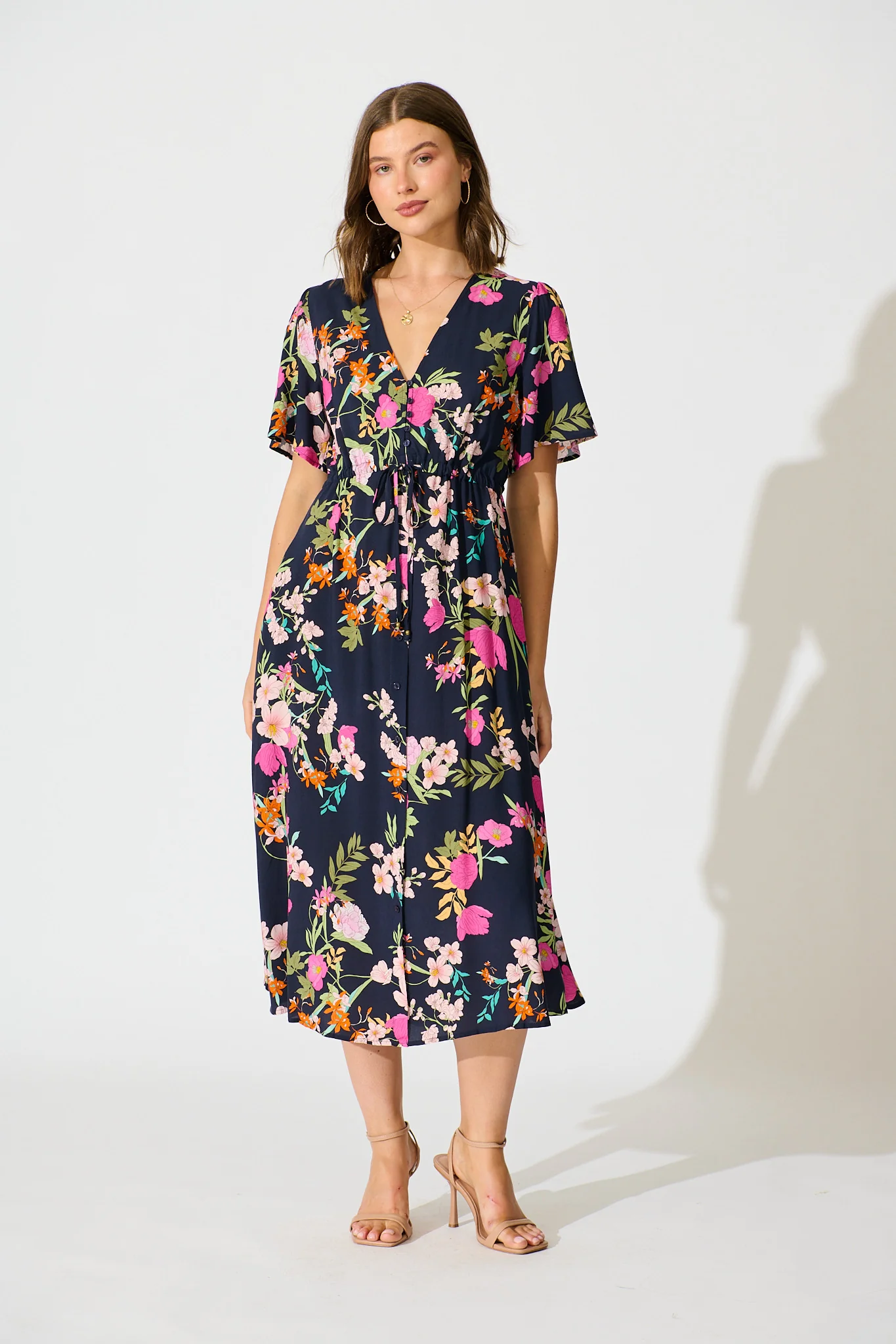 Melody Midi Dress in Navy Multi Floral