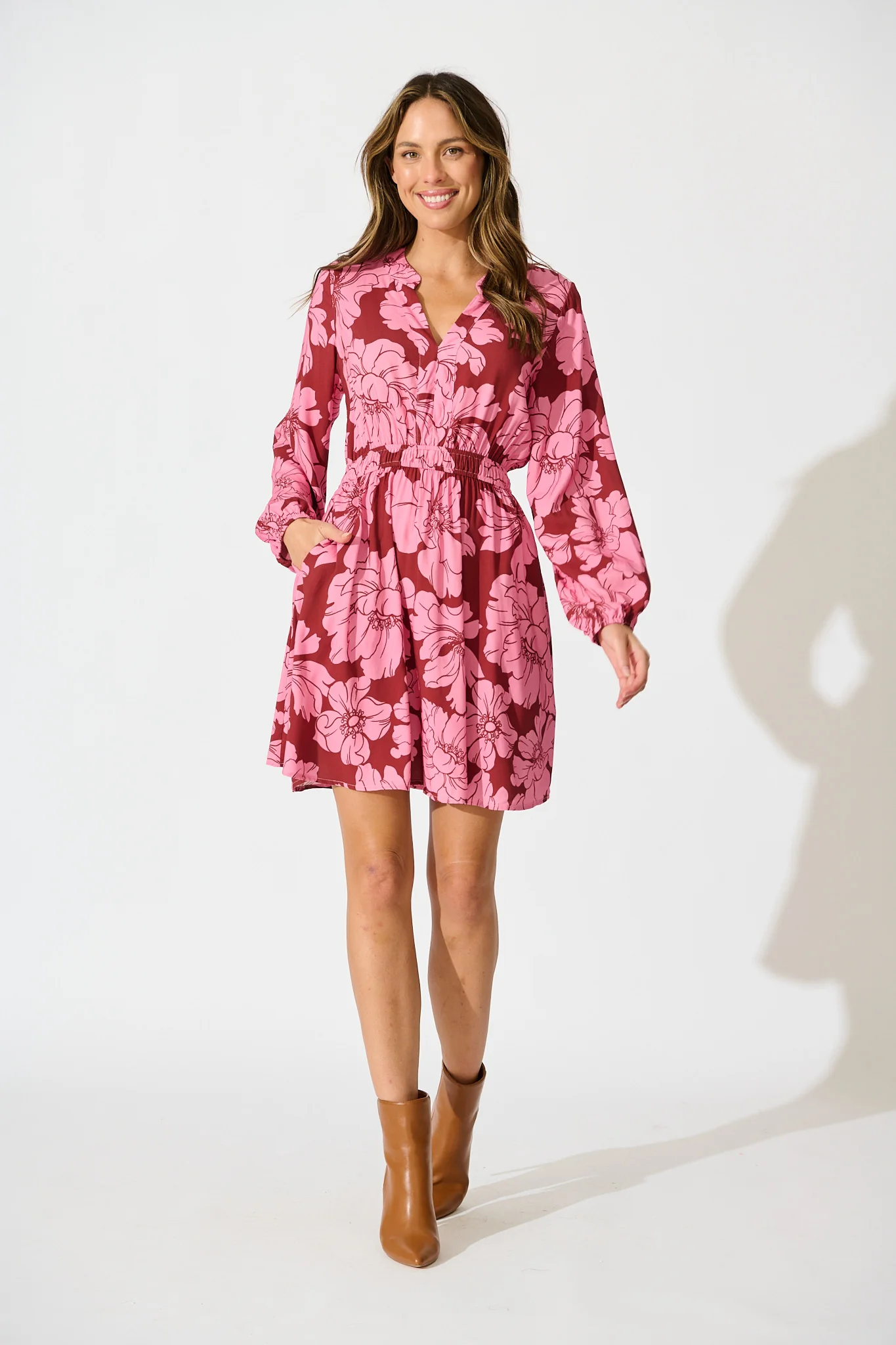 Memoir Dress in Wine with Pink Floral - Image 2
