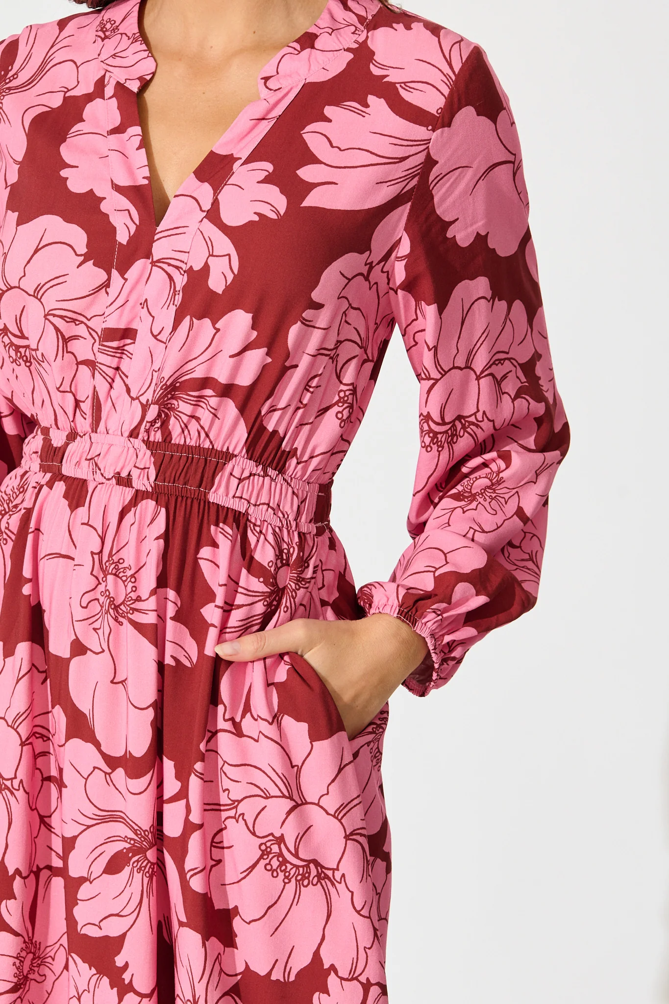 Memoir Dress in Wine with Pink Floral - Image 8