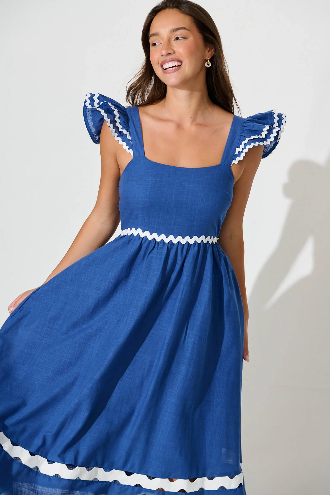 Miami Midi Dress In Blue With White Ric Rac Cotton - Image 2