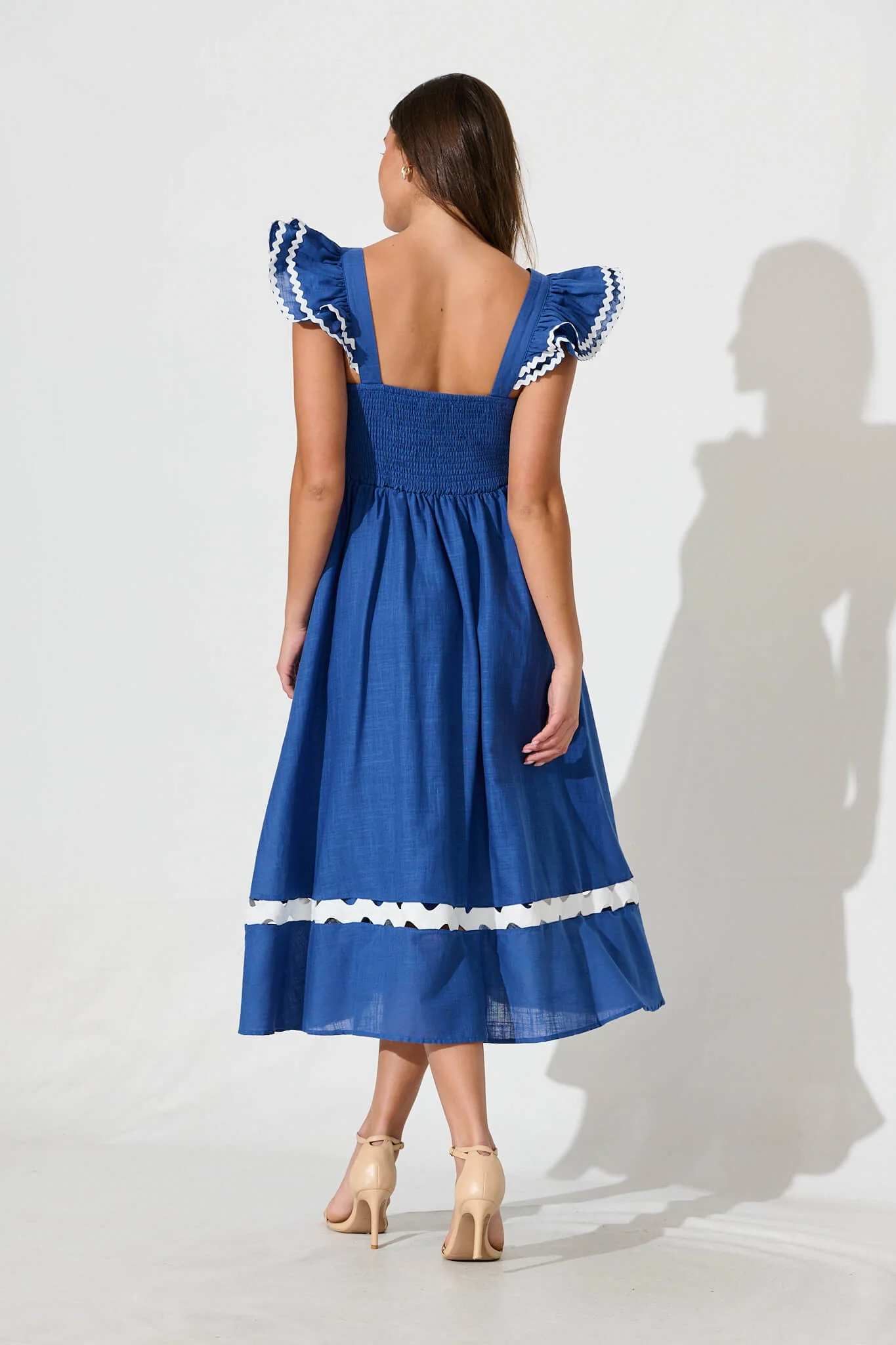 Miami Midi Dress In Blue With White Ric Rac Cotton - Image 4