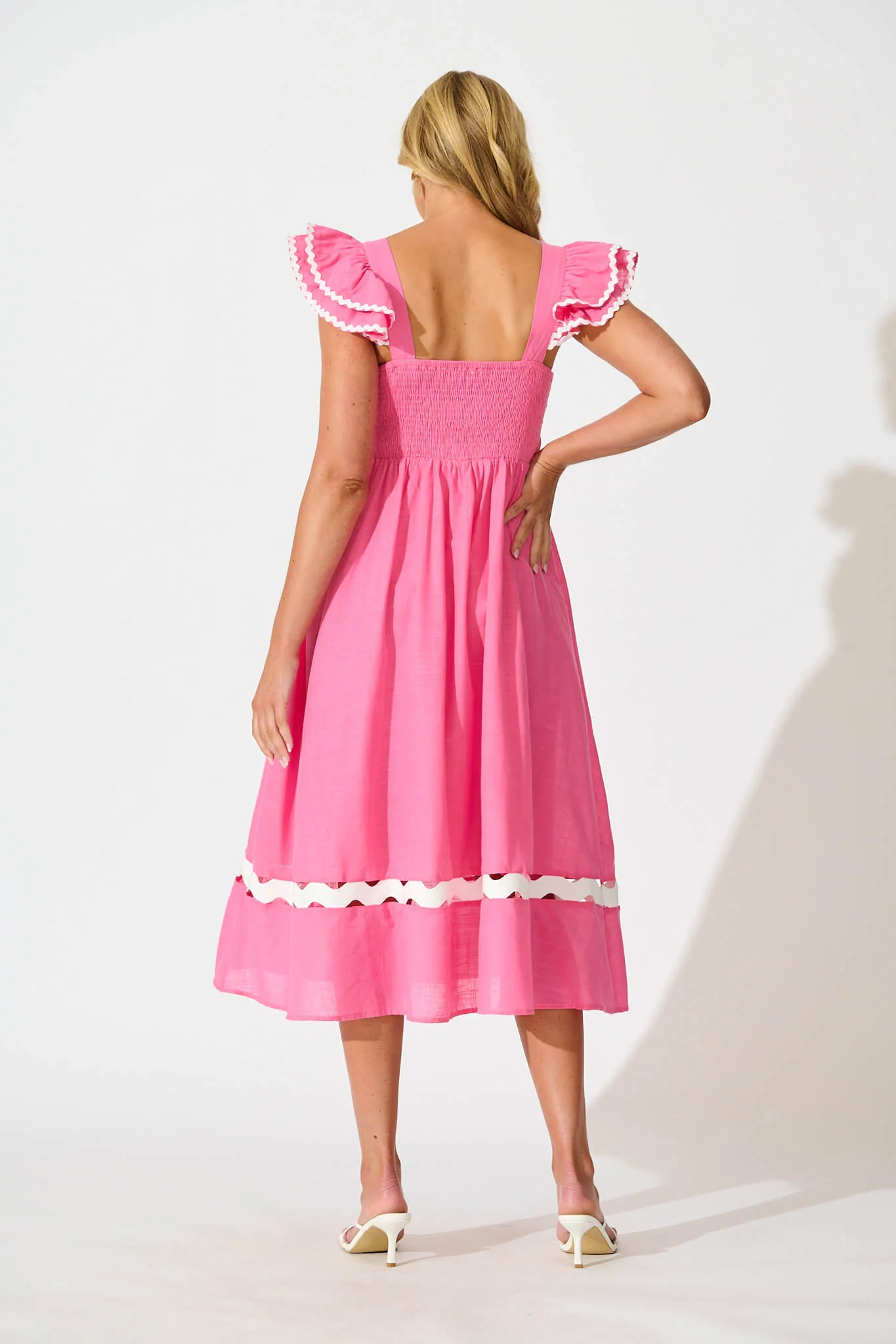 Miami Midi Dress In Pink With White Ric Rac Cotton - Image 4