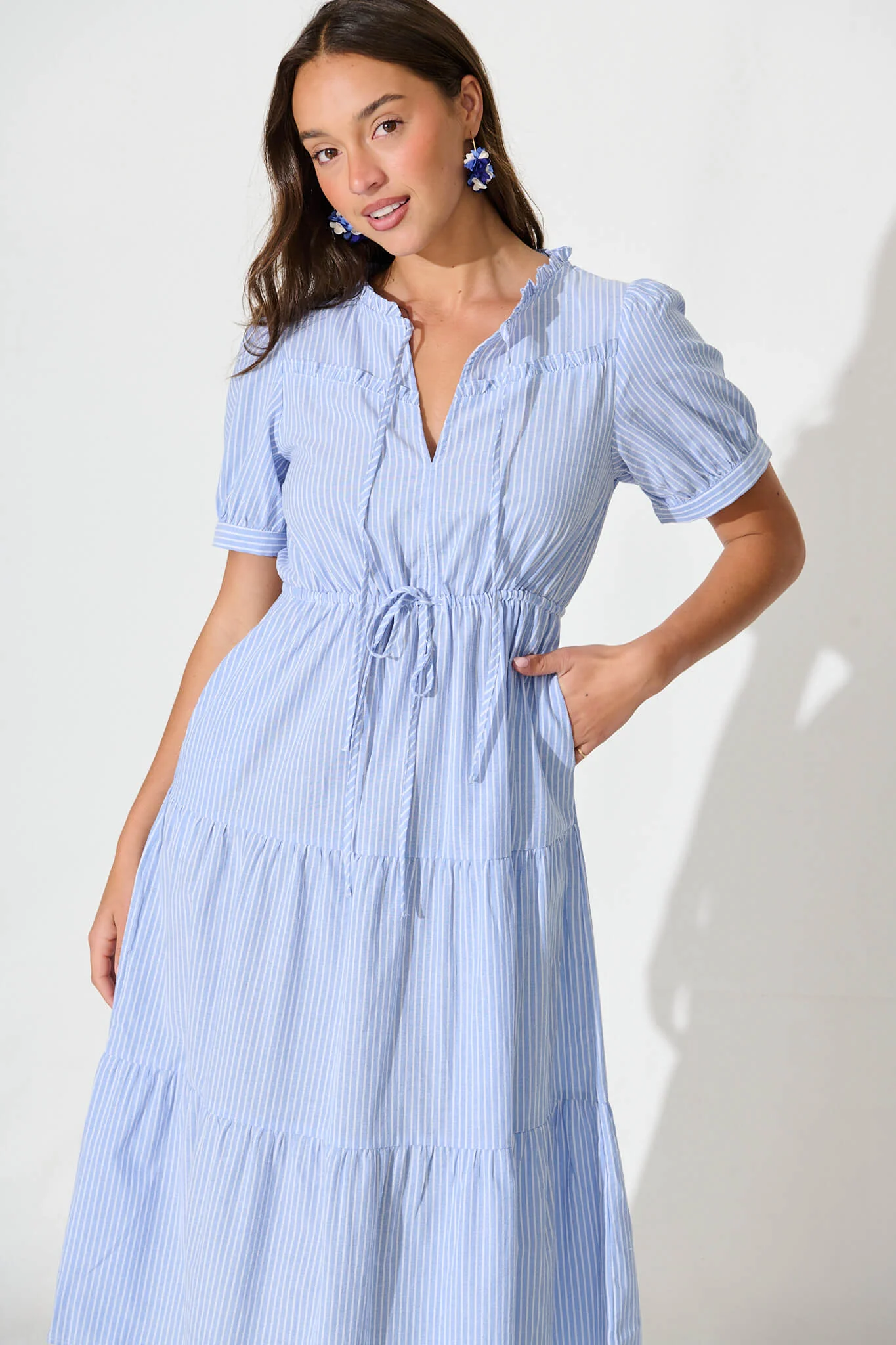 Micah Midi Dress in Blue and White Stripe Cotton Blend - Image 2