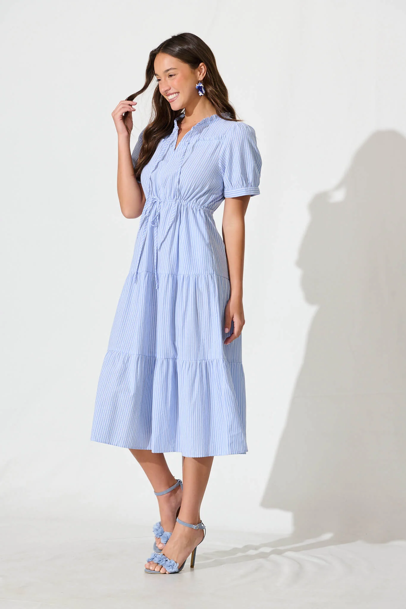 Micah Midi Dress in Blue and White Stripe Cotton Blend - Image 3