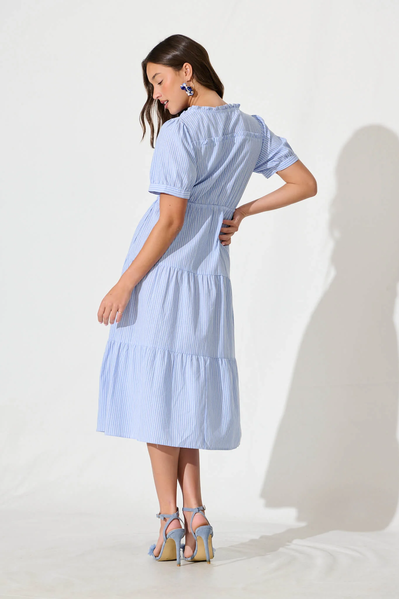 Micah Midi Dress in Blue and White Stripe Cotton Blend - Image 4