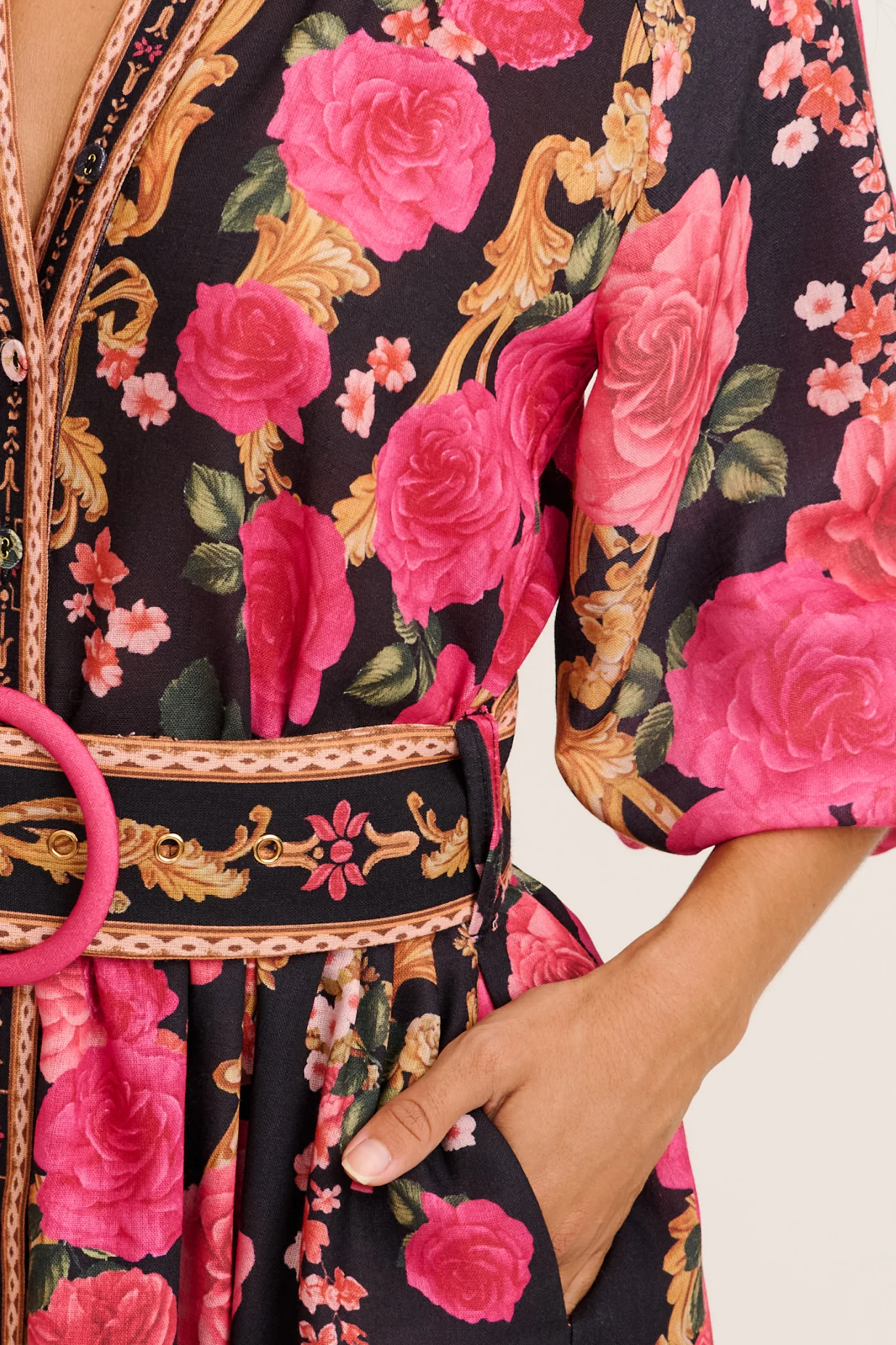 Midnight Blooms Maxi Dress in Black with Pink Floral Linen Blend - Image 10