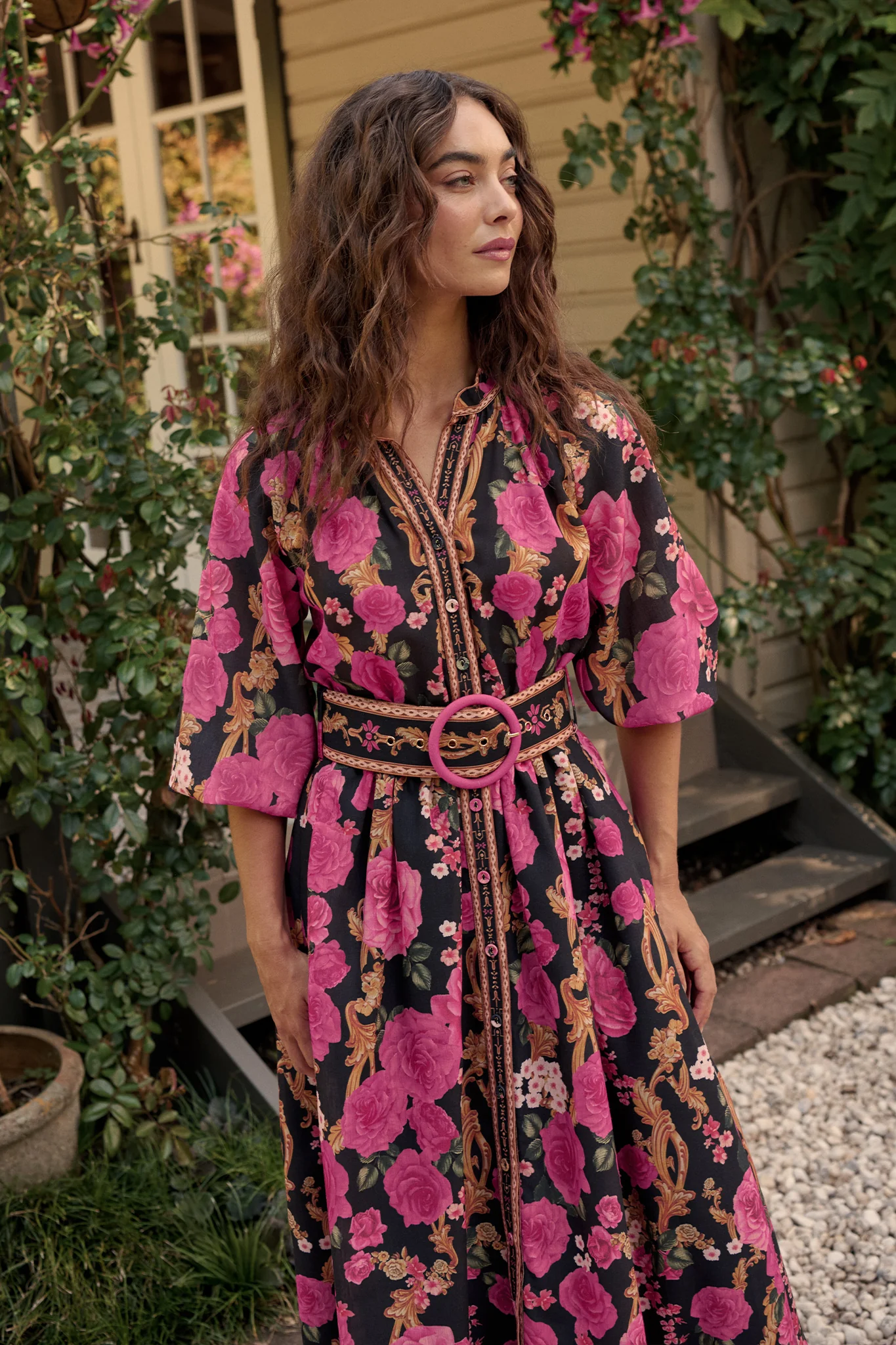 Midnight Blooms Maxi Dress in Black with Pink Floral Linen Blend - Image 4