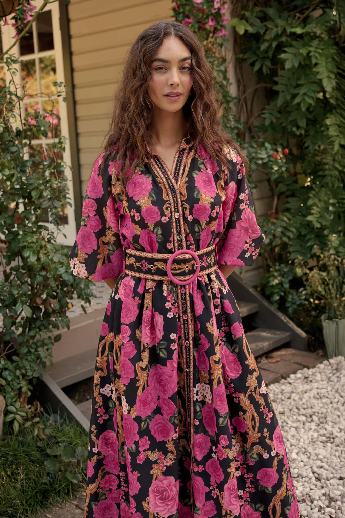 Midnight Blooms Maxi Dress in Black with Pink Floral Linen Blend - Image 6