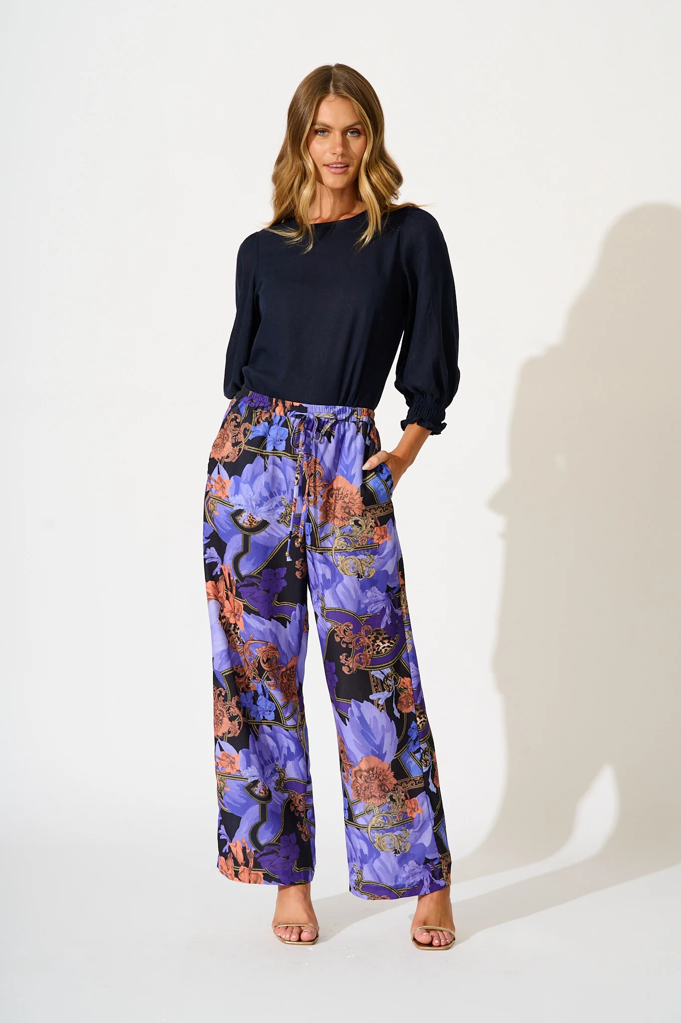 Midnight Dahlia Pant in Blue with Multi Linen Blend - Image 4