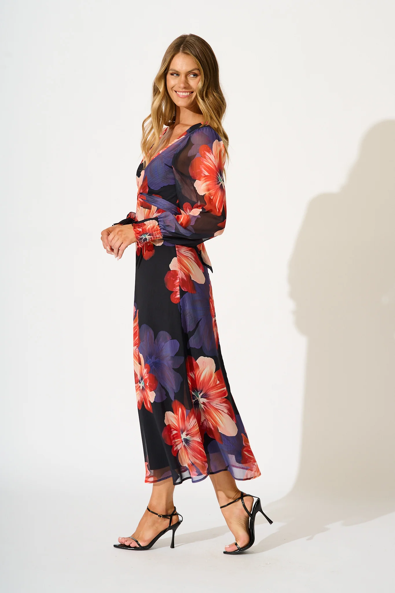 Midnight Magnolia Maxi Dress in Black with Red Floral Chiffon - Image 3