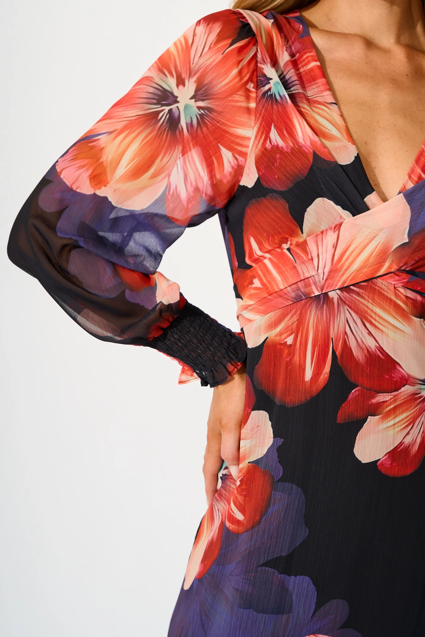 Midnight Magnolia Maxi Dress in Black with Red Floral Chiffon - Image 5
