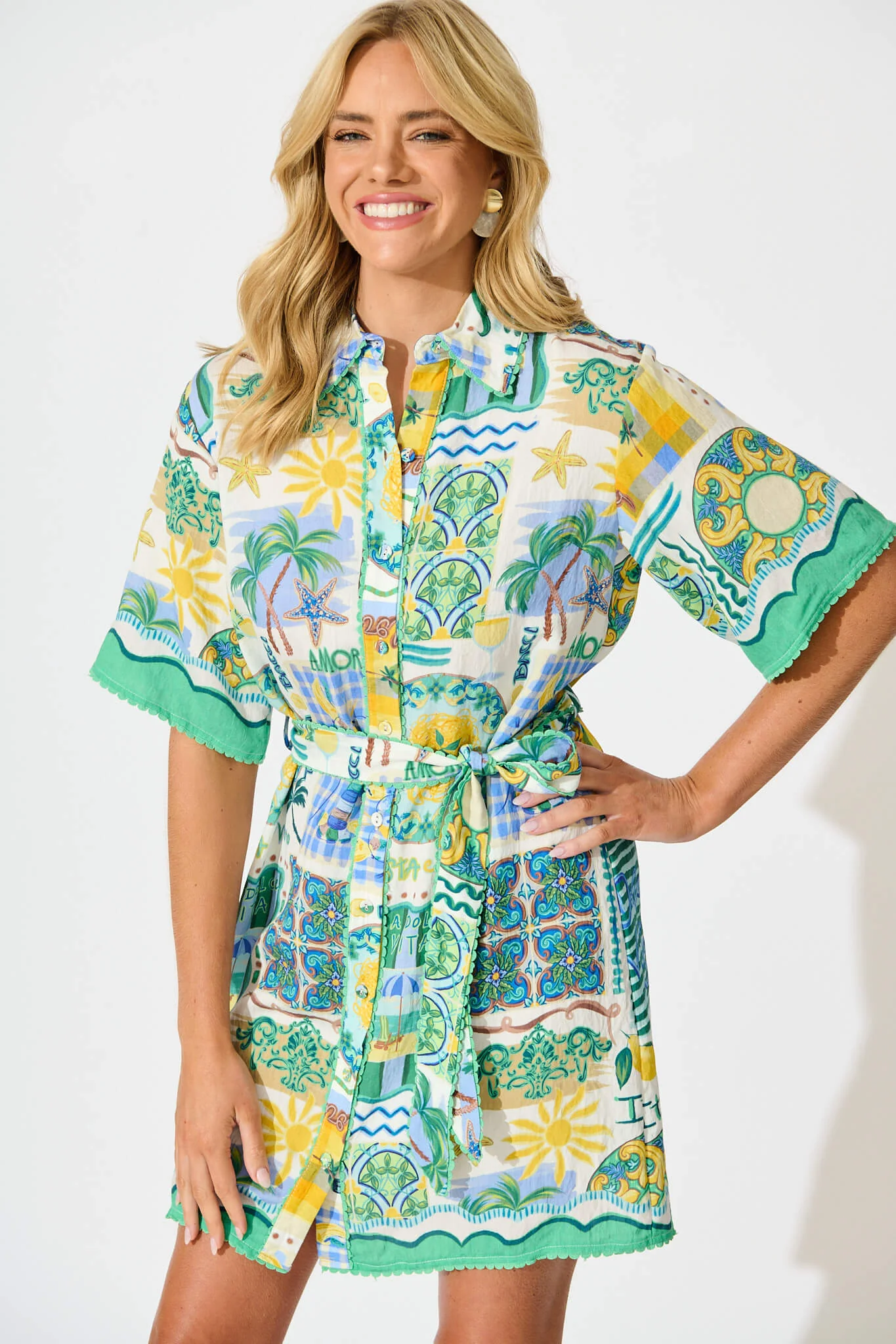 Miela Shirt Dress In Green Multi Border Print - Image 2