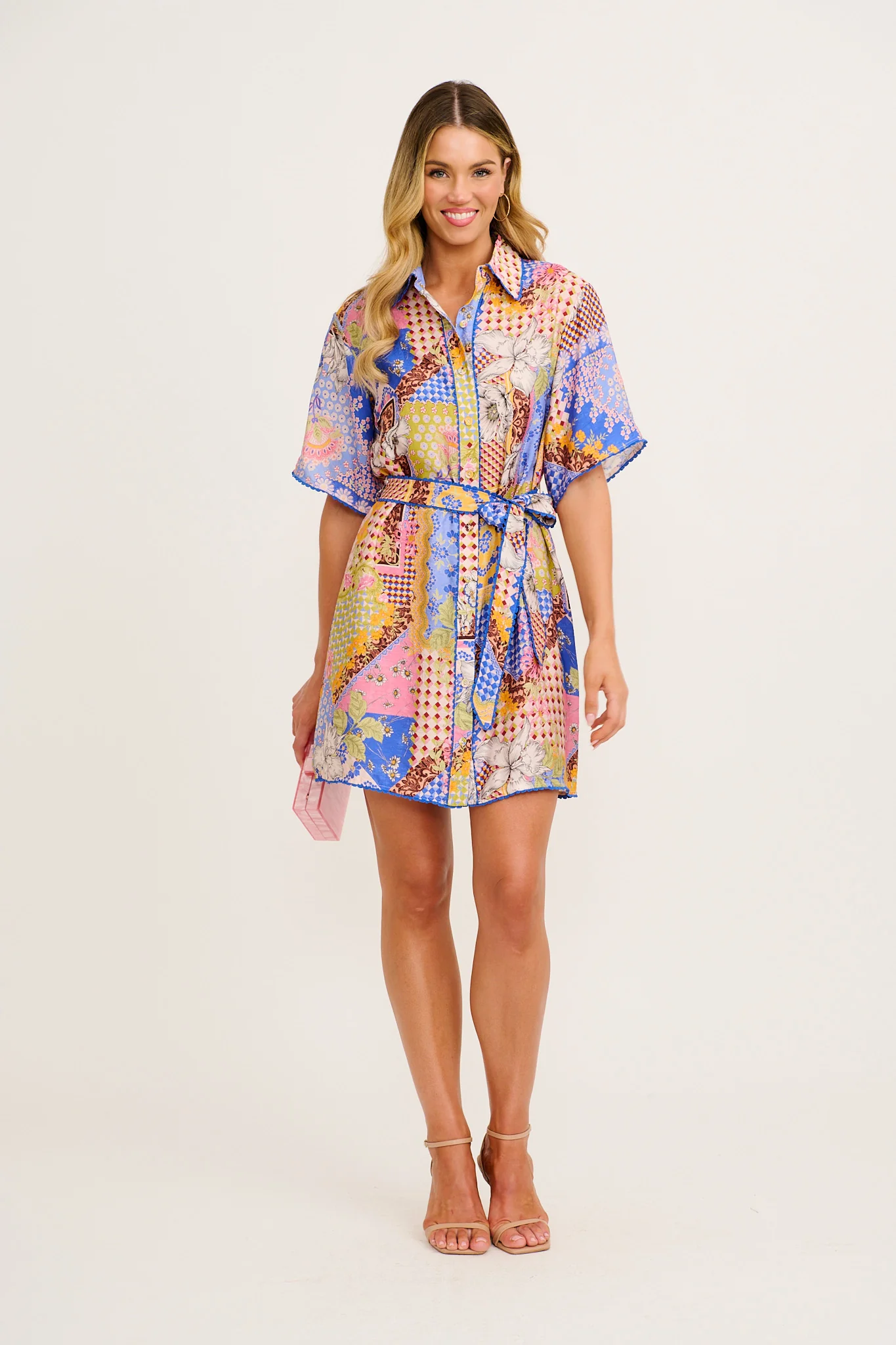 Miela Shirt Dress in Multi Patchwork Print