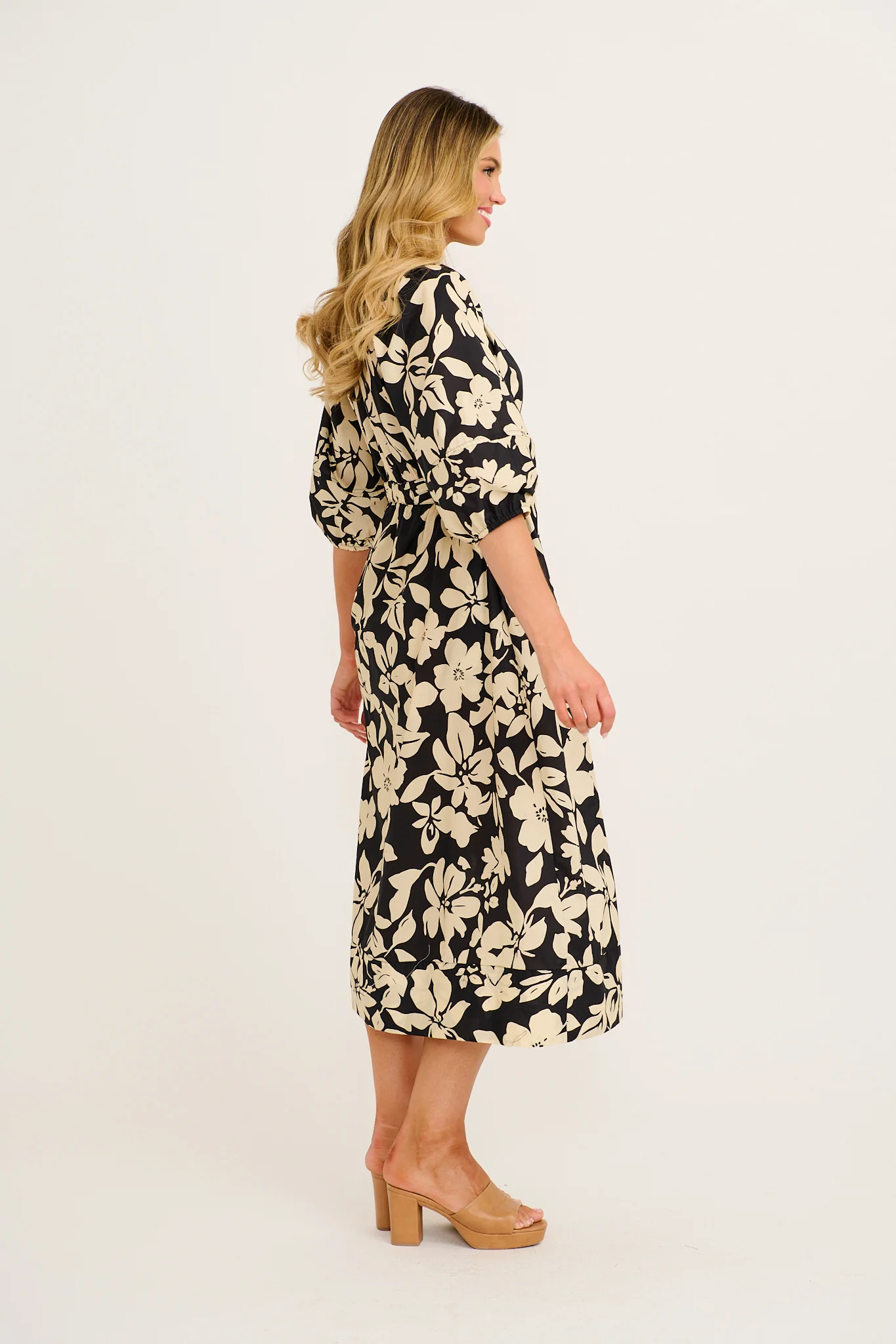 Mimsy Midi Dress in Cream with Black Floral Cotton - Image 3