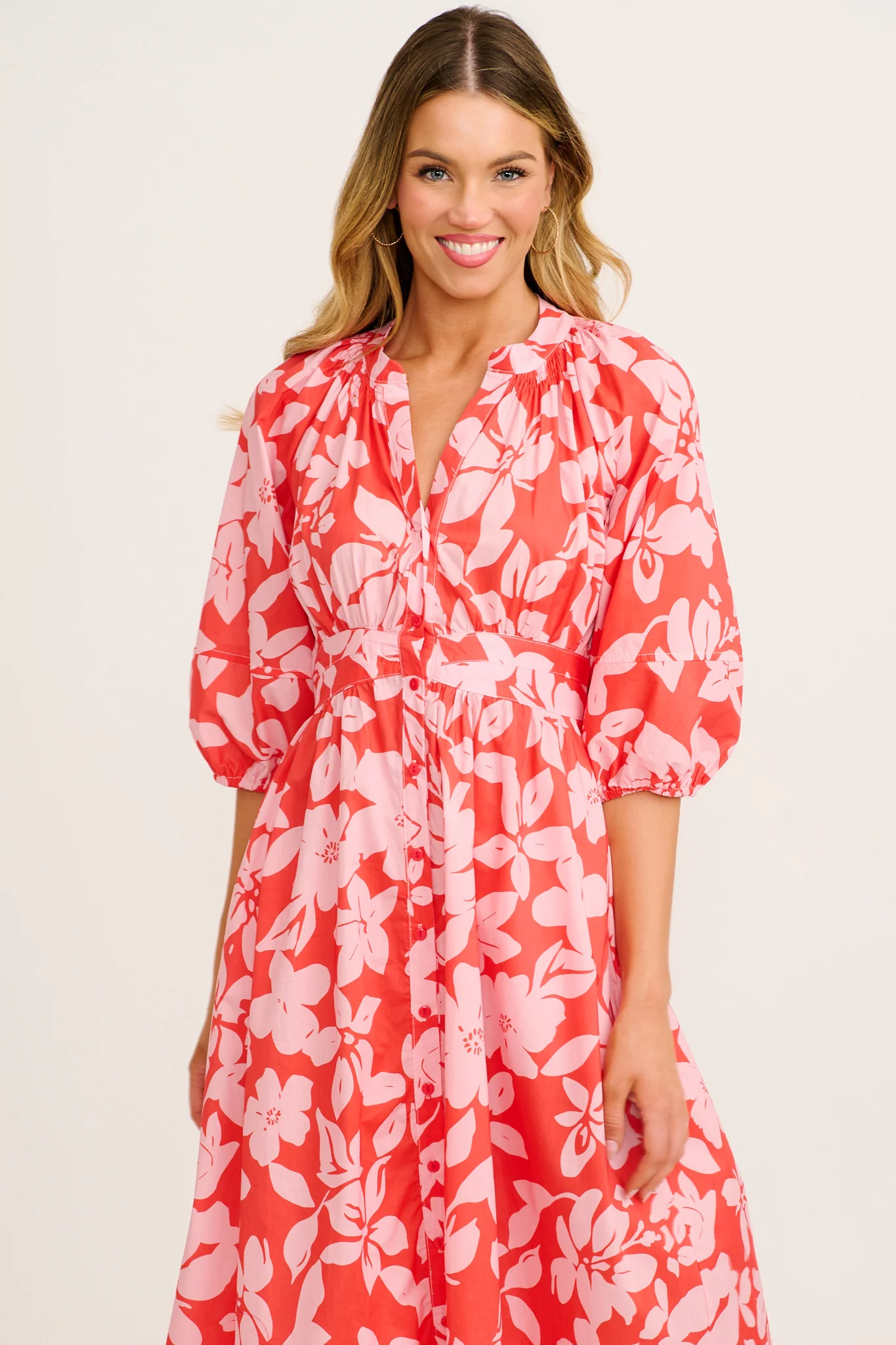 Mimsy Midi Dress in Red with Pink Floral Cotton - Image 2
