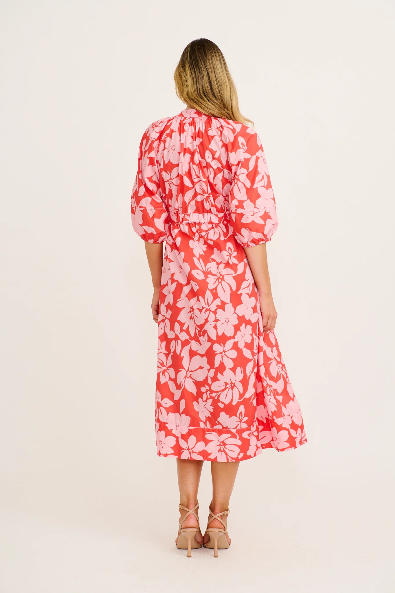 Mimsy Midi Dress in Red with Pink Floral Cotton - Image 4