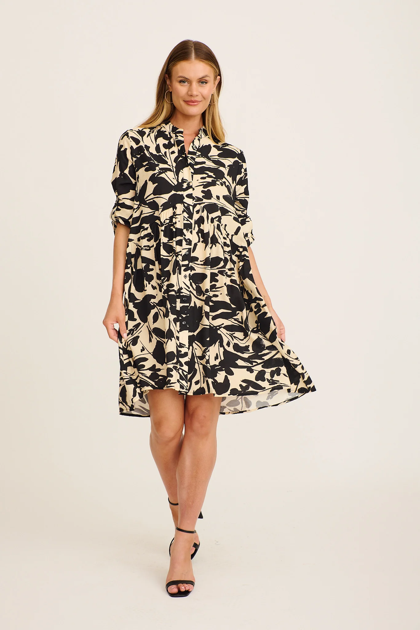 Mina Smock Dress in Black and Cream Print Linen Blend