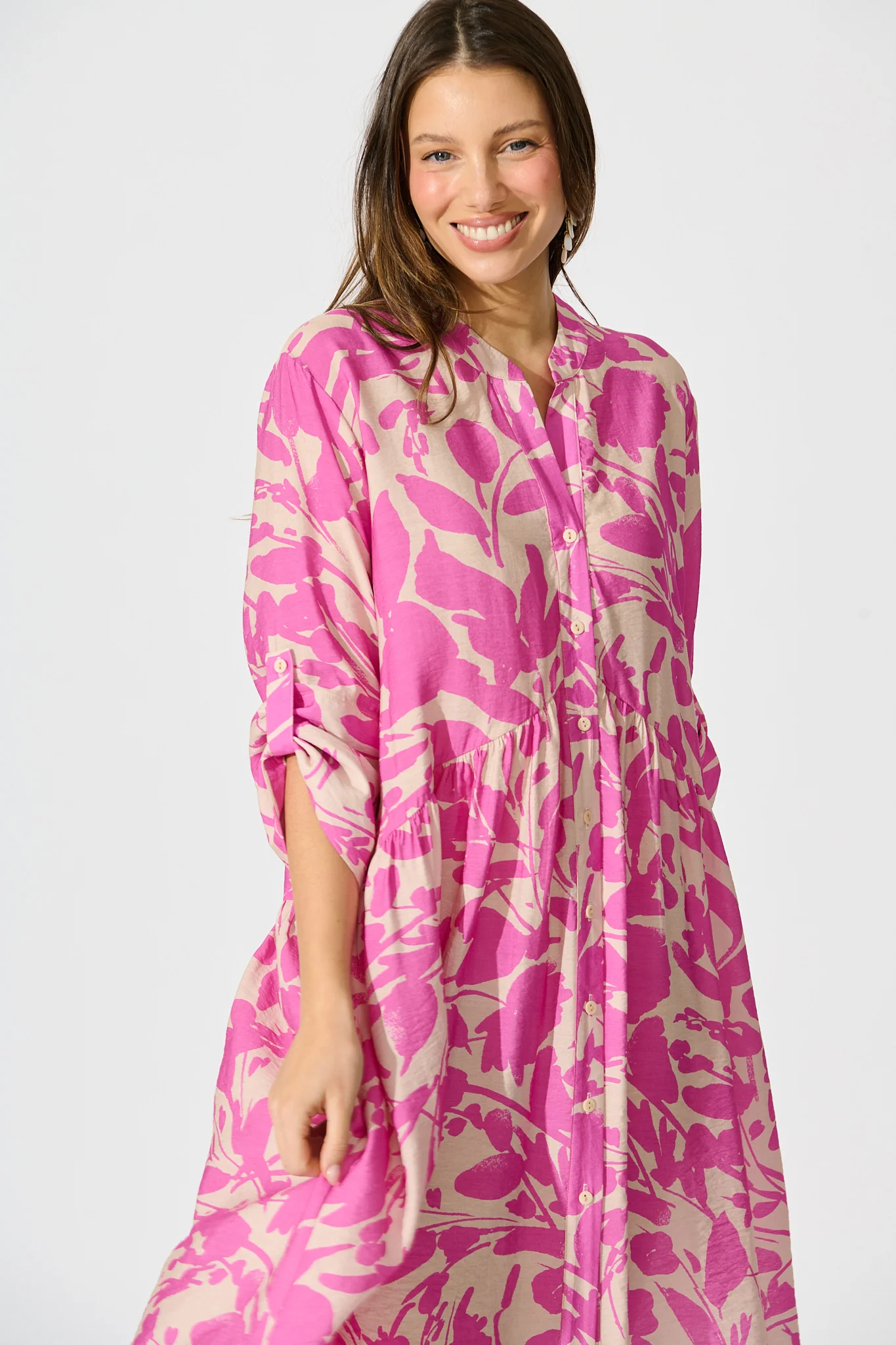 Mina Smock Dress in Cream and Pink Print - Image 2