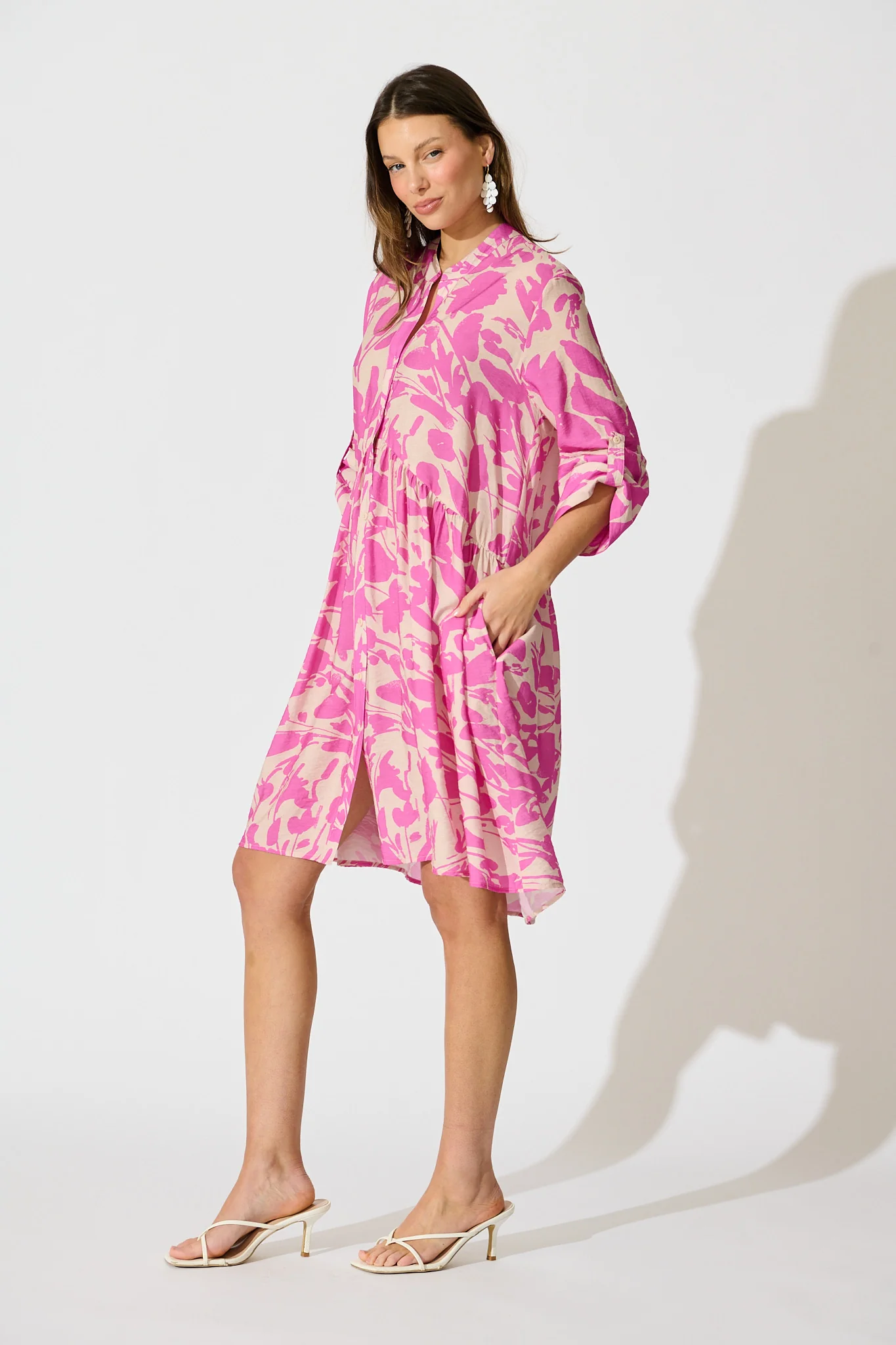 Mina Smock Dress in Cream and Pink Print - Image 3