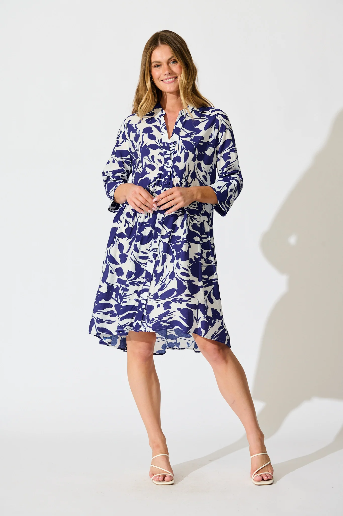 Mina Smock Dress in White and Navy Print