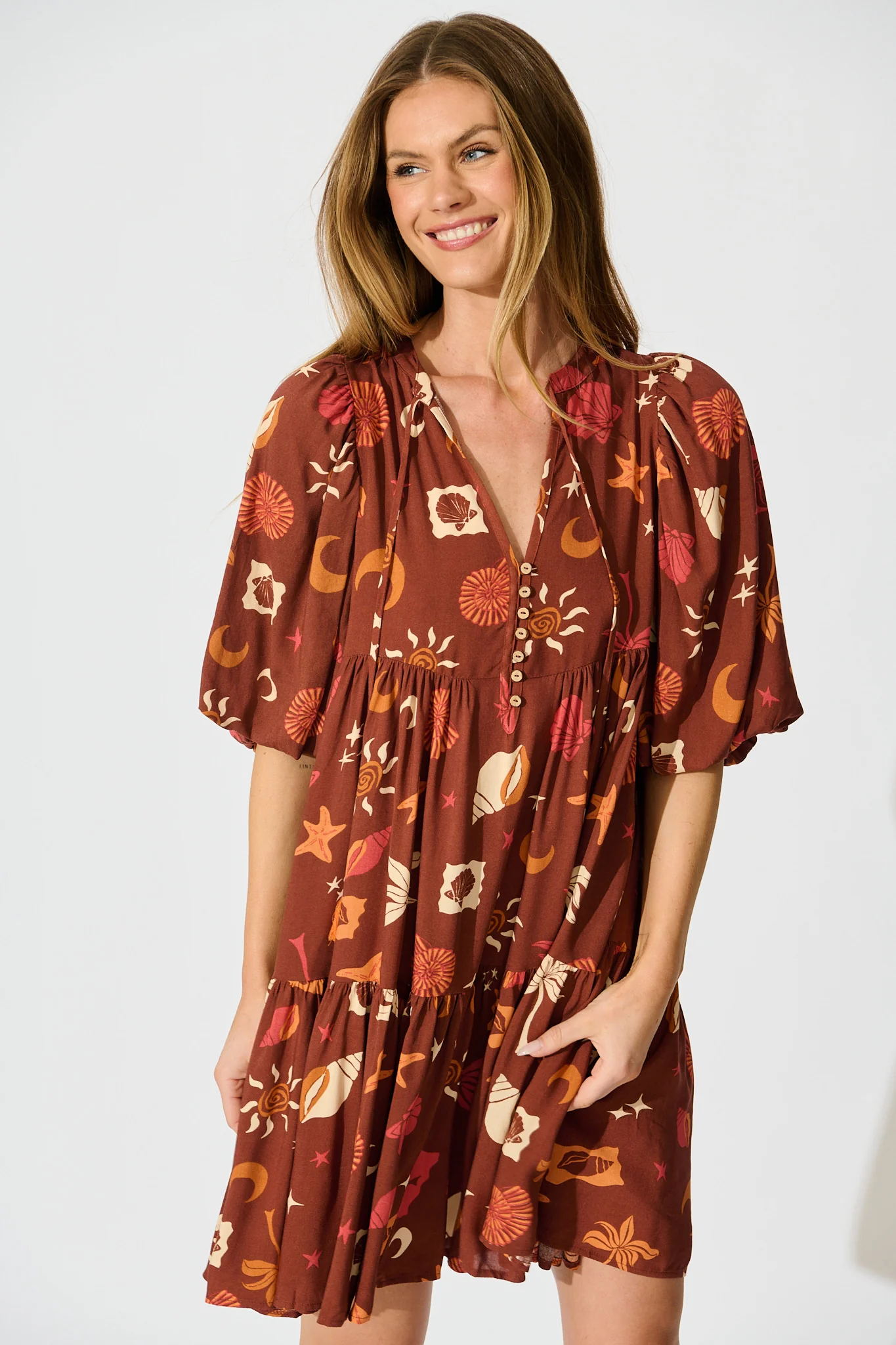 Minnesota Smock Dress in Multi Brown Summer Print - Image 2