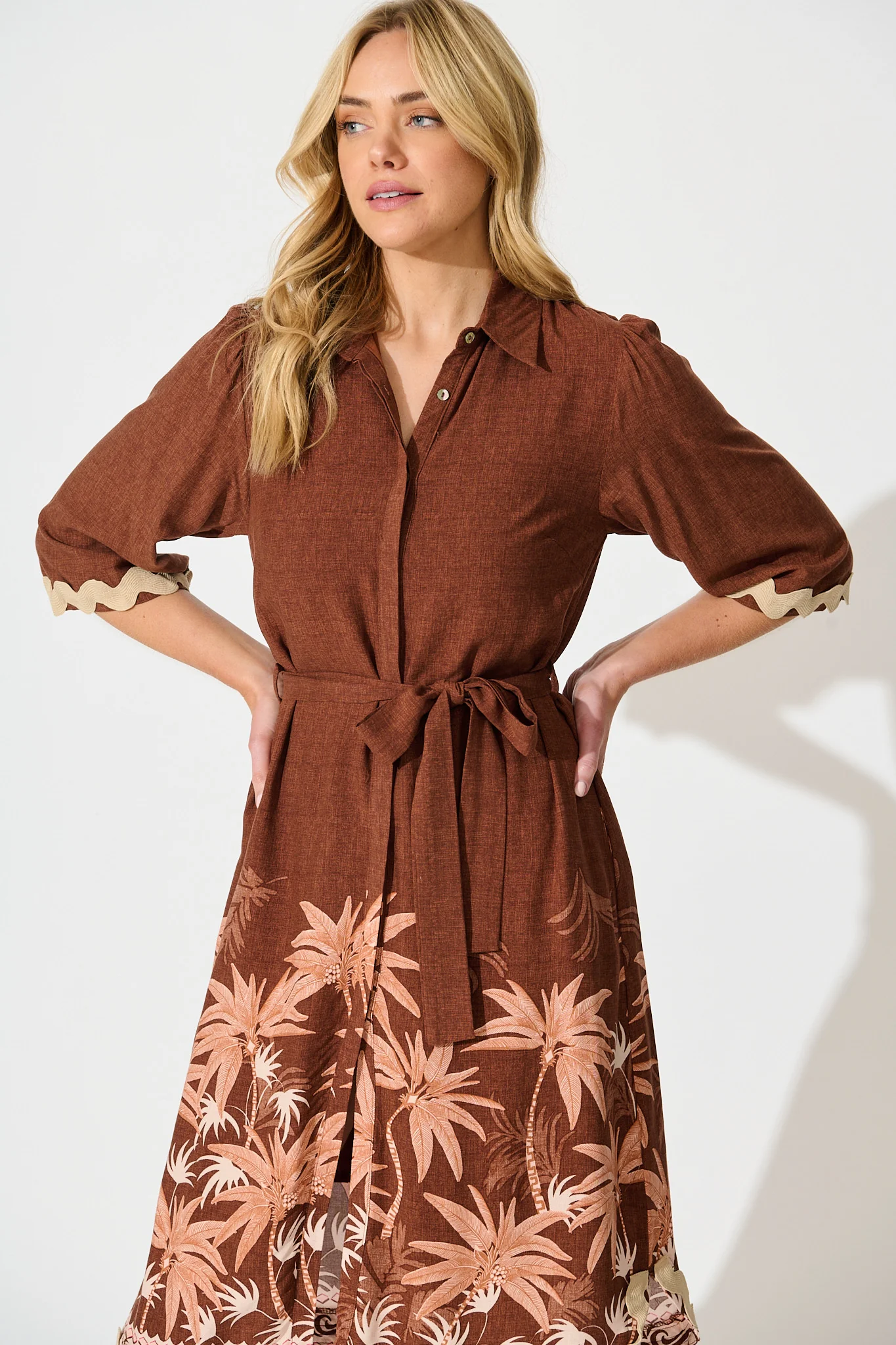 Mirabelle Midi Shirt Dress in Brown Palm Tree Border Print - Image 2