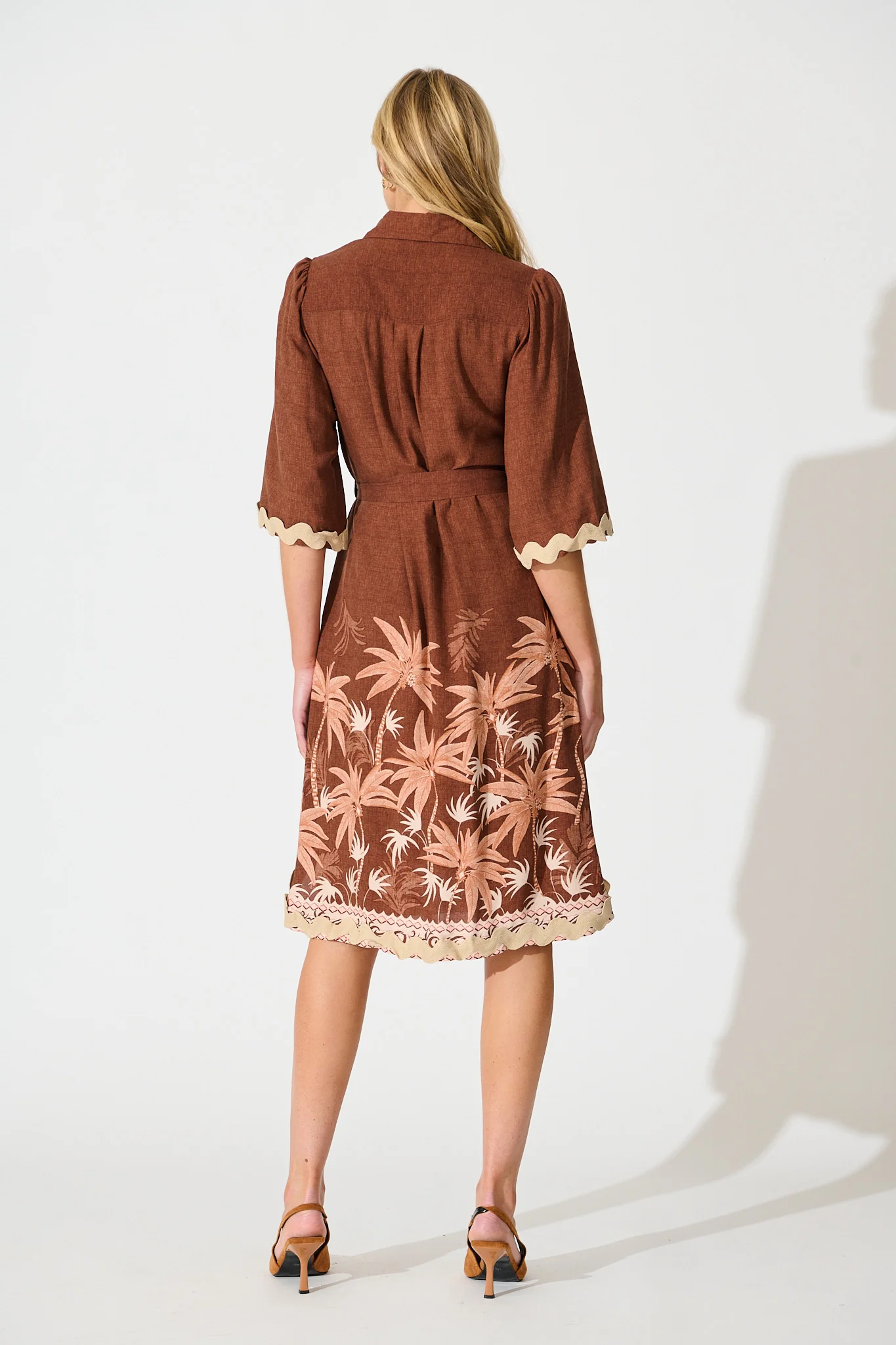 Mirabelle Midi Shirt Dress in Brown Palm Tree Border Print - Image 4