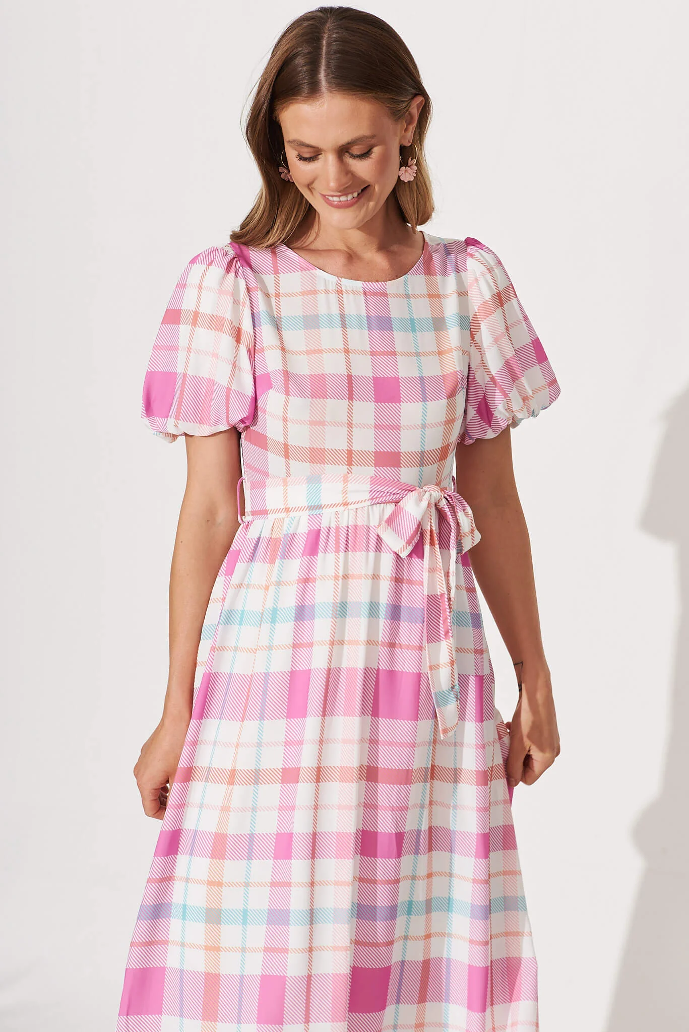 Miranda Midi Dress In Pink With Multi Check - Image 2