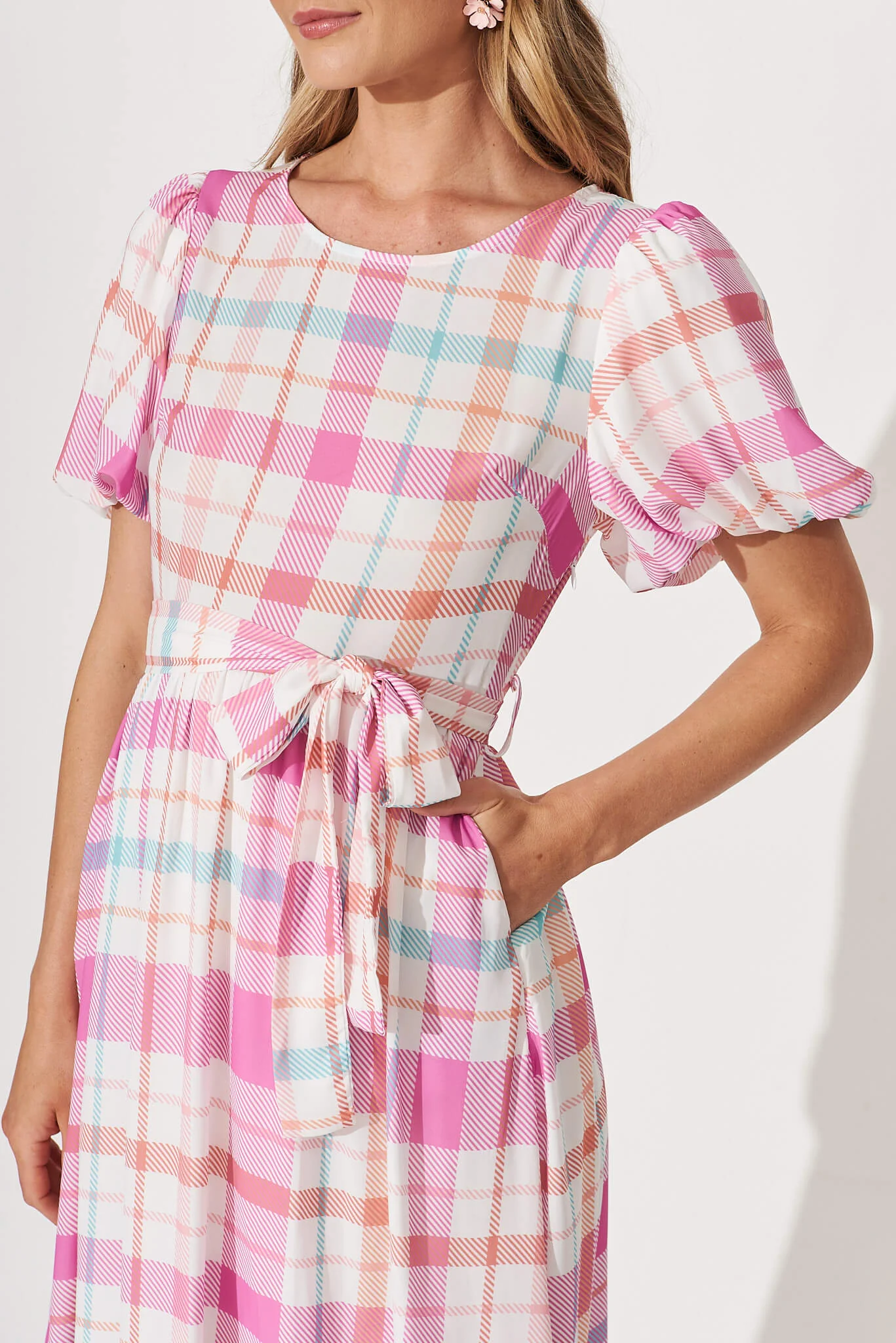 Miranda Midi Dress In Pink With Multi Check - Image 5