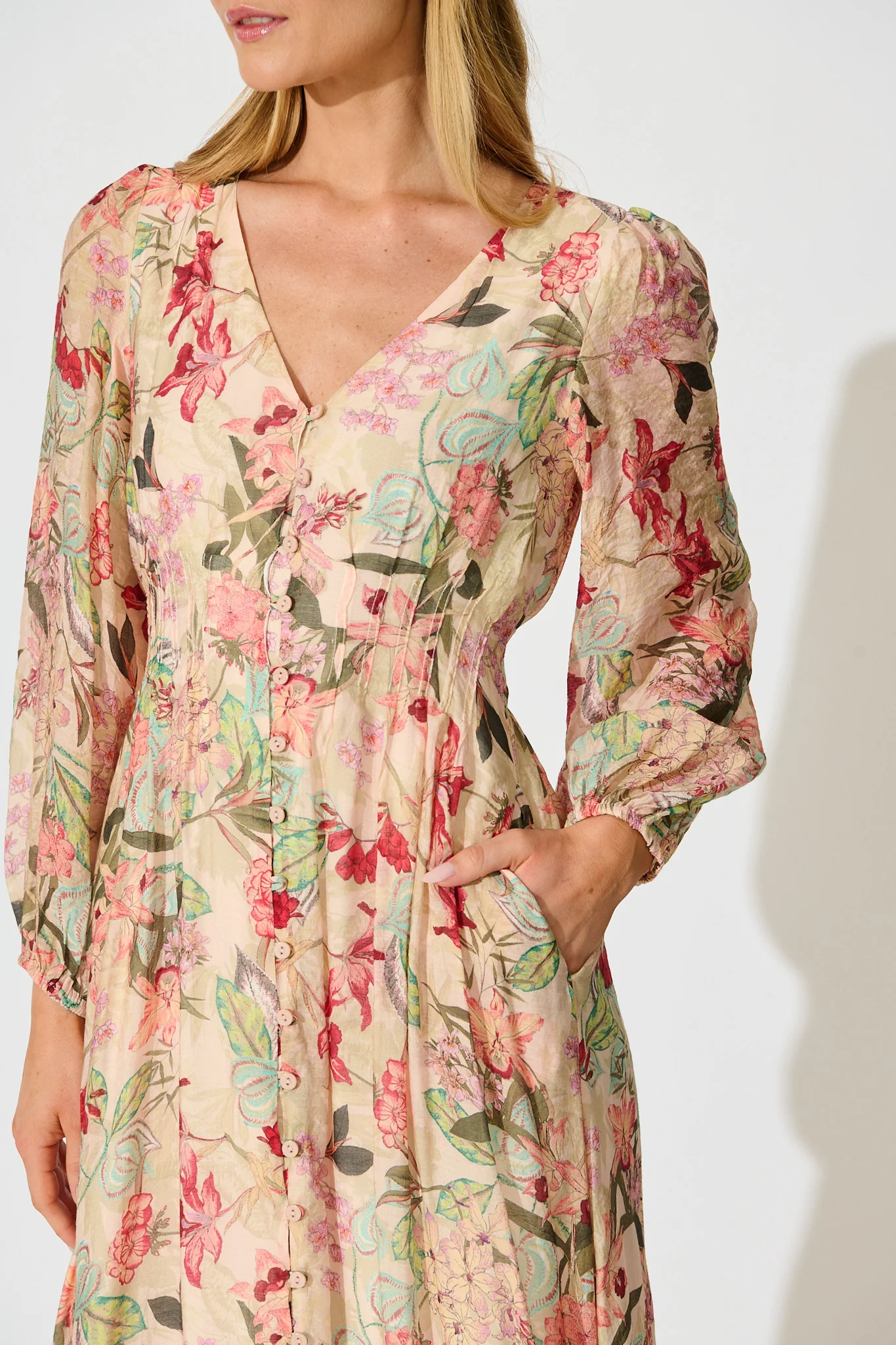 Mirea Maxi Dress in Beige with Multi Floral Print - Image 5