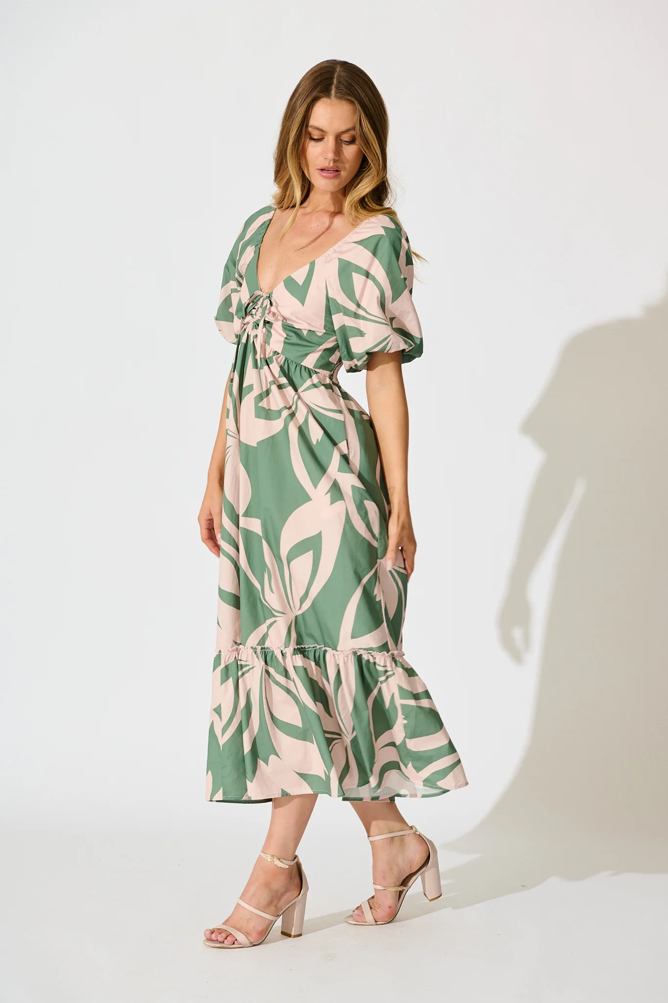 Mirna Maxi Dress in Green with Pink Leaf Print Cotton - Image 3
