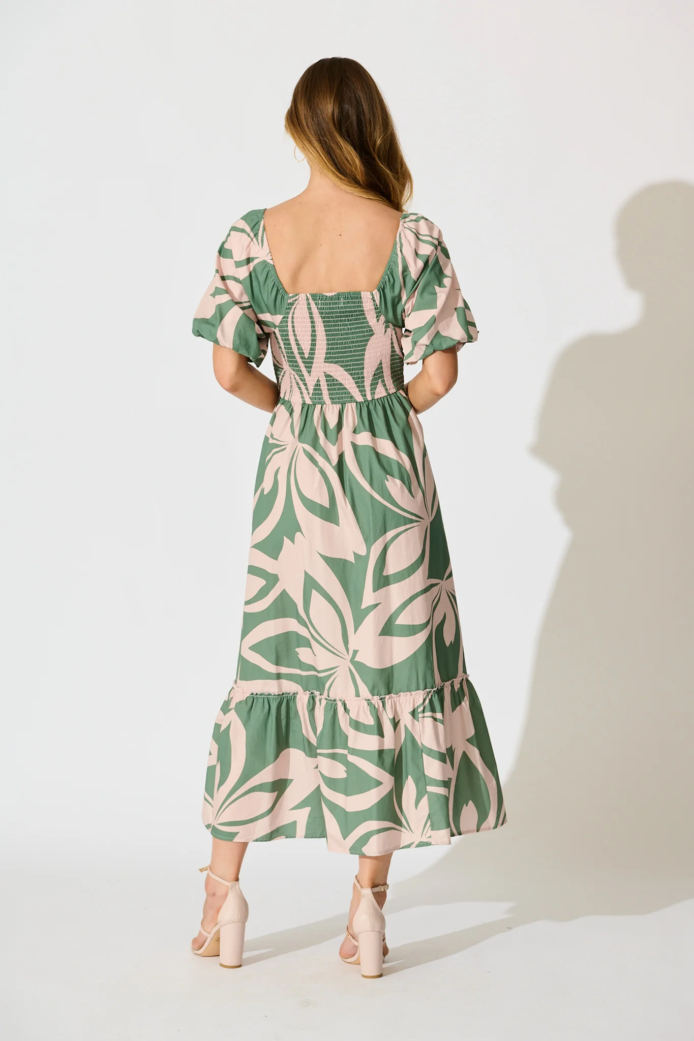 Mirna Maxi Dress in Green with Pink Leaf Print Cotton - Image 4