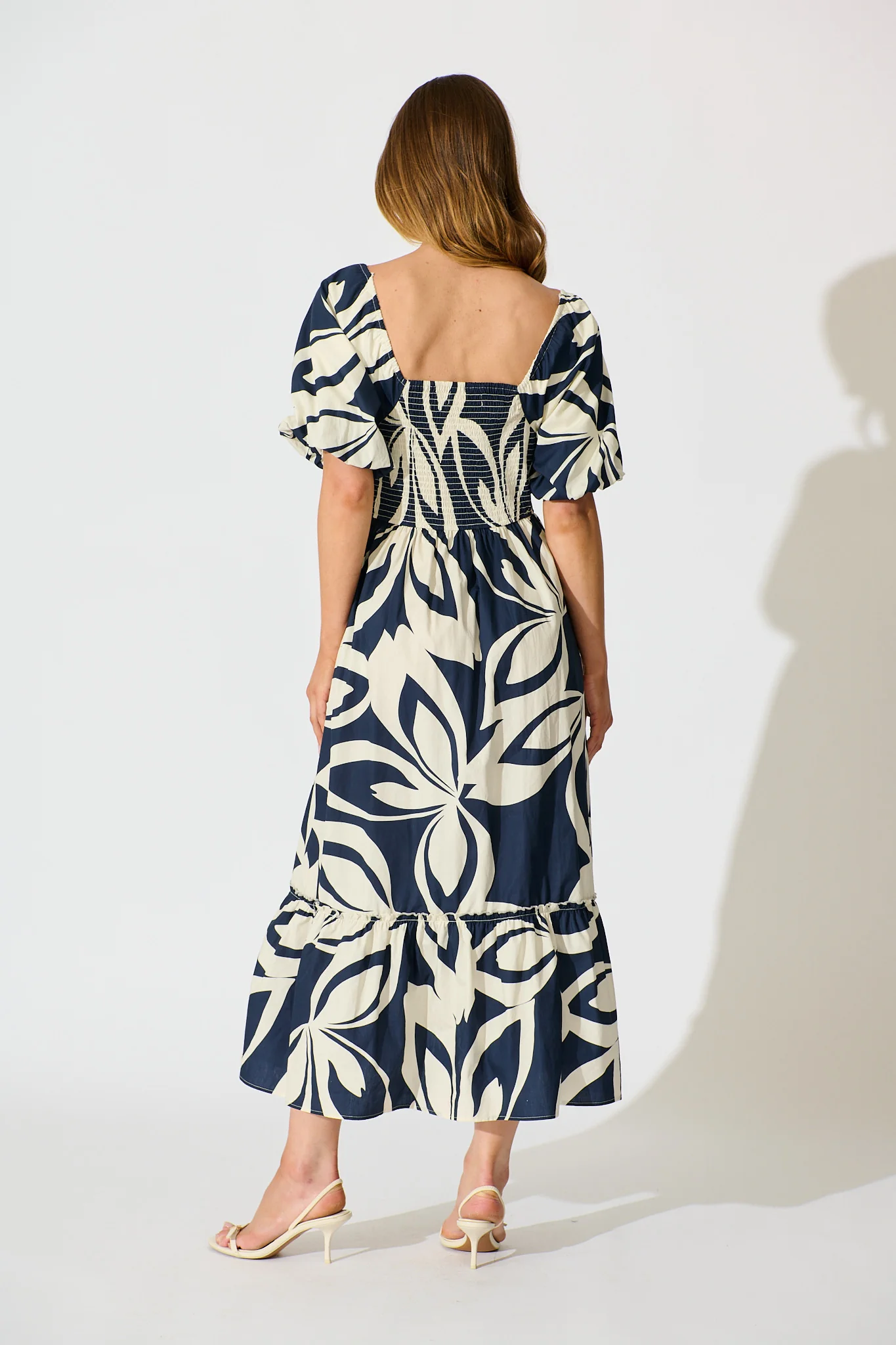 Mirna Maxi Dress in Navy with Cream Leaf Print Cotton - Image 4