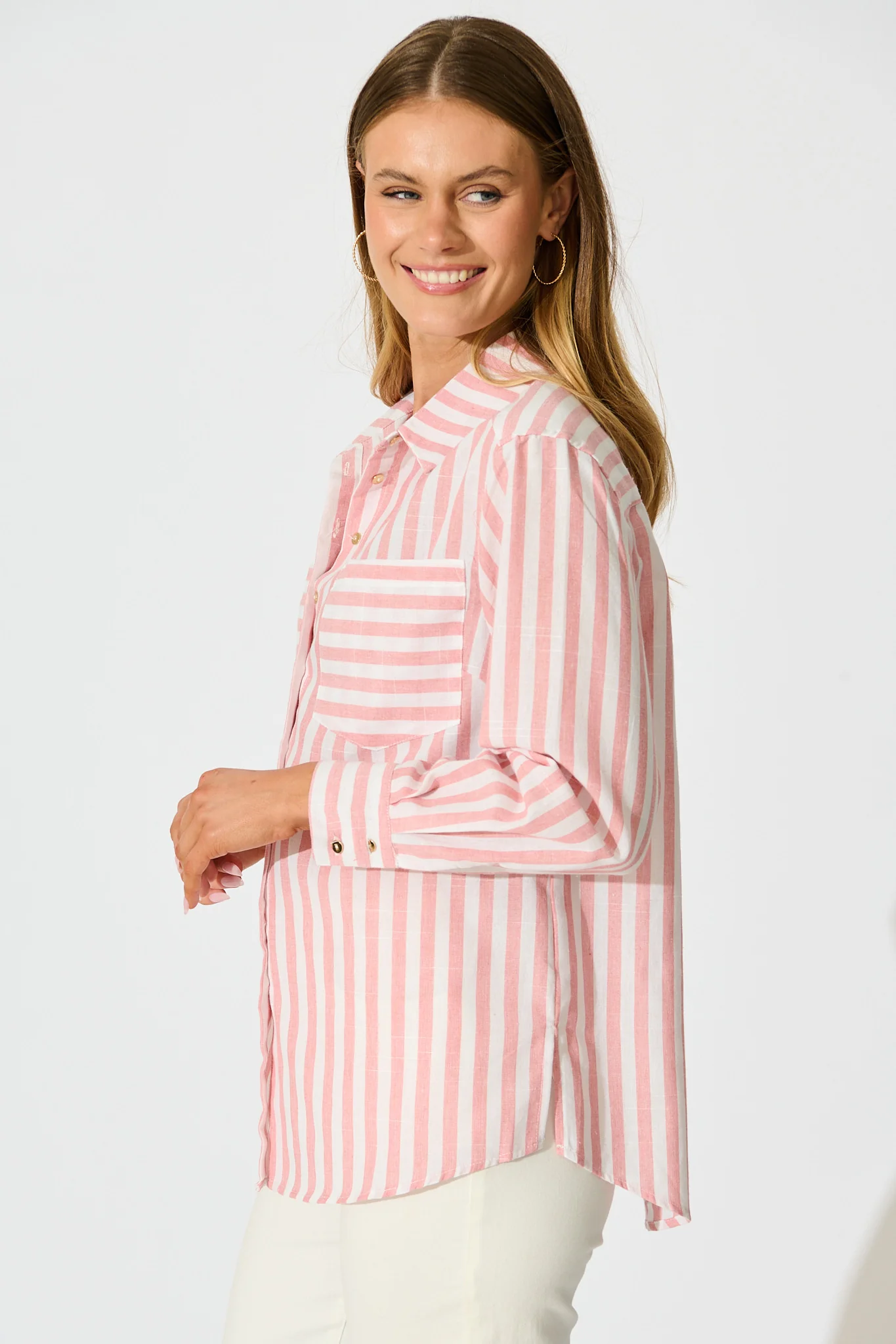 Miro Shirt in Pink Stripe Cotton Blend - Image 2