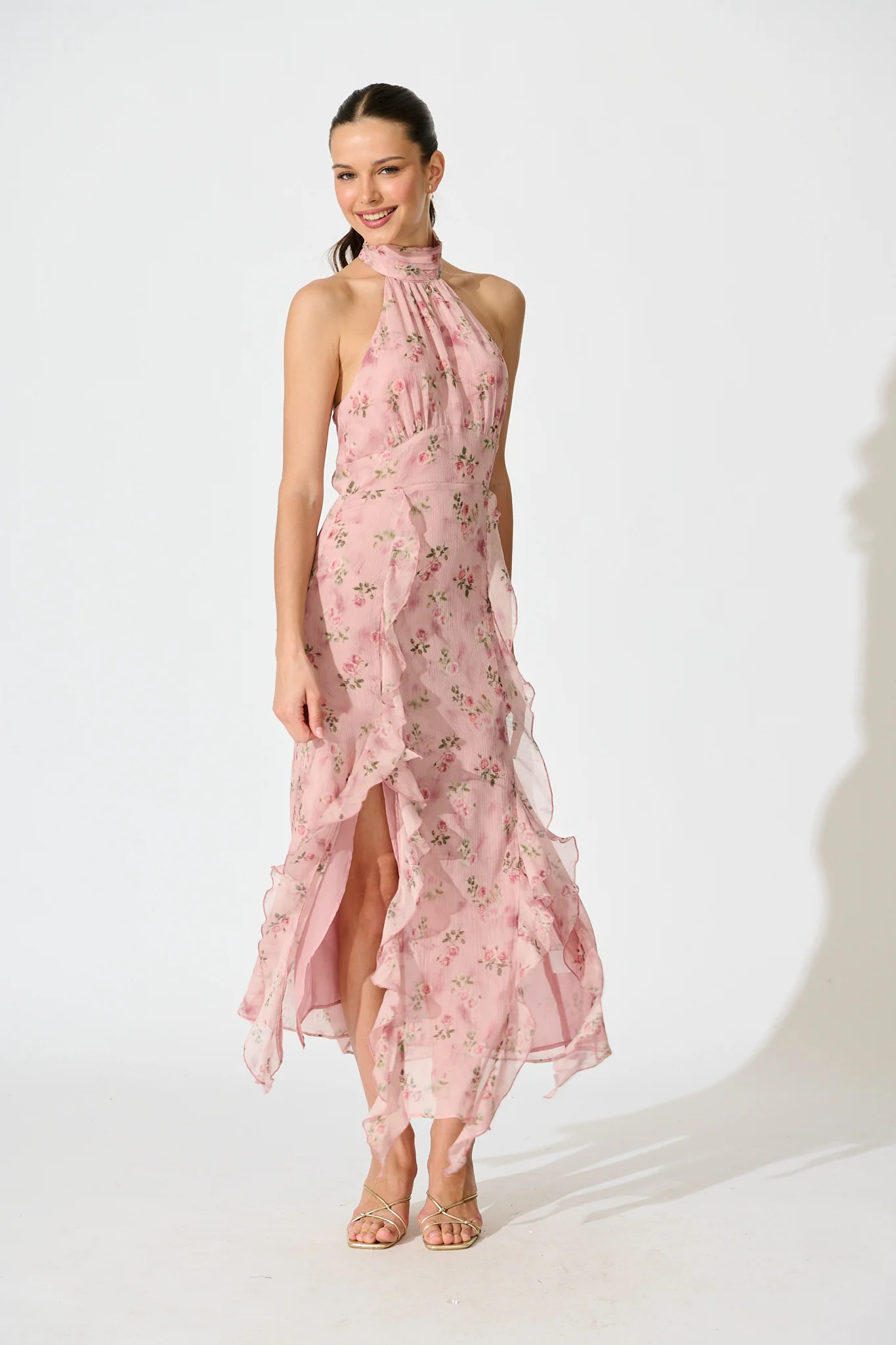 Mistlight Halter Neck Maxi Dress in Pink Floral - Image 3