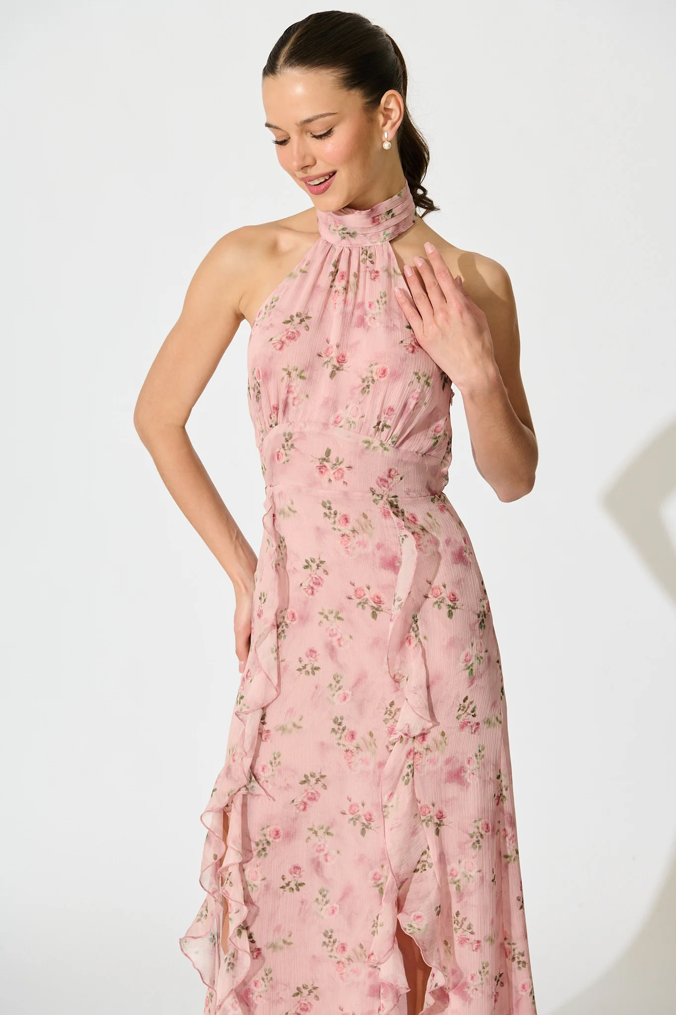 Mistlight Halter Neck Maxi Dress in Pink Floral - Image 7