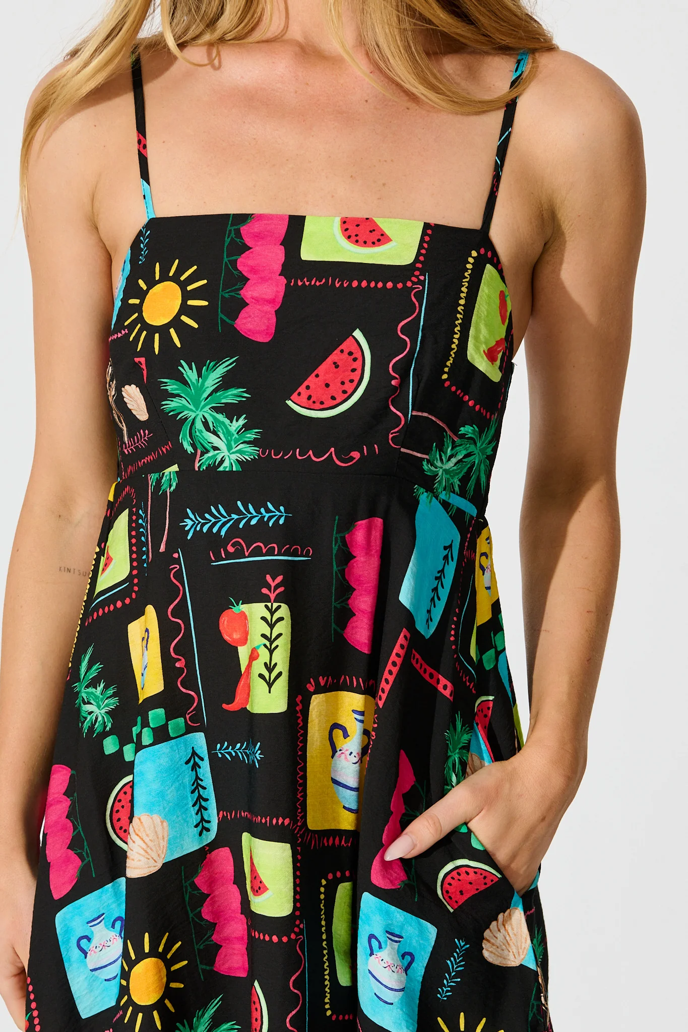 Moa Maxi Sundress in Black Multi Patchwork Linen Blend - Image 5